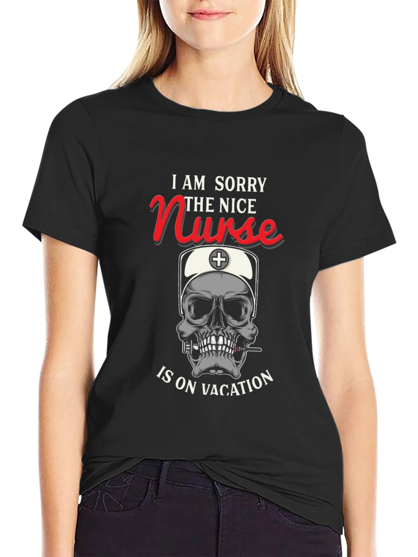 Funny Nurse Skull Graphic T-Shirt - Vacation Mode
