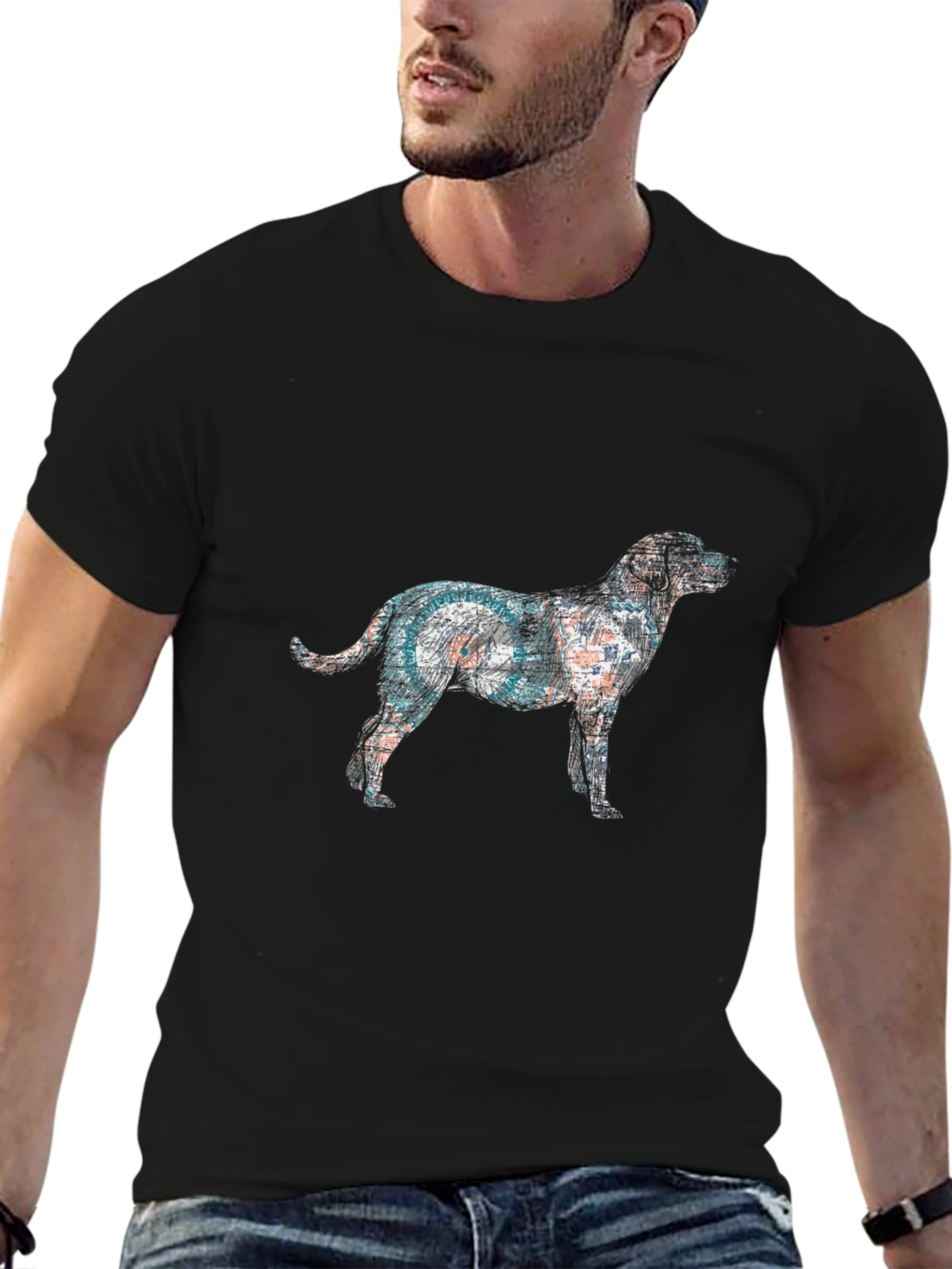 Dog Art Graphic Tee - Black Cotton Casual T-Shirt