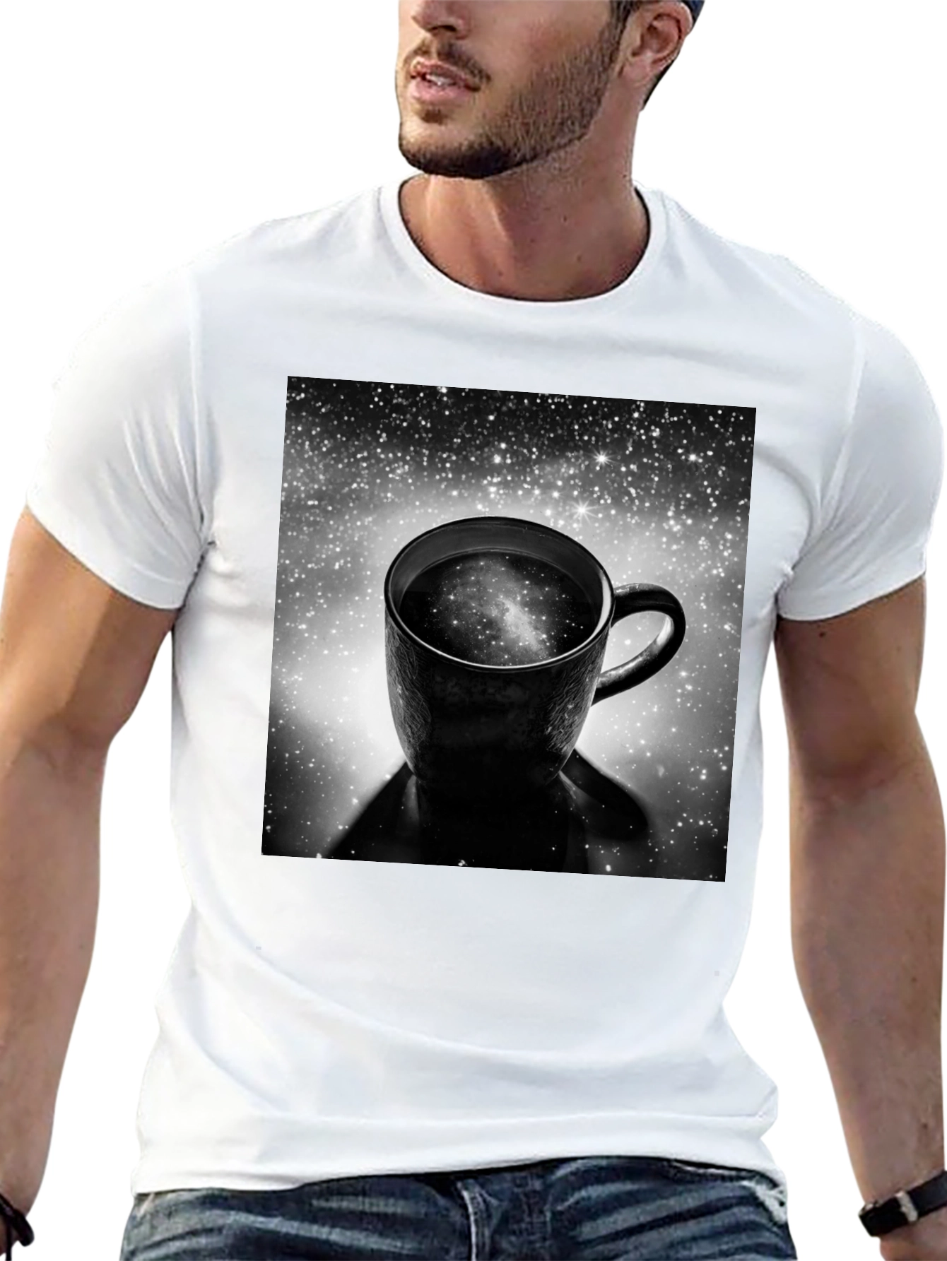 Galaxy Coffee Cup Black T-Shirt - Unique Space Design