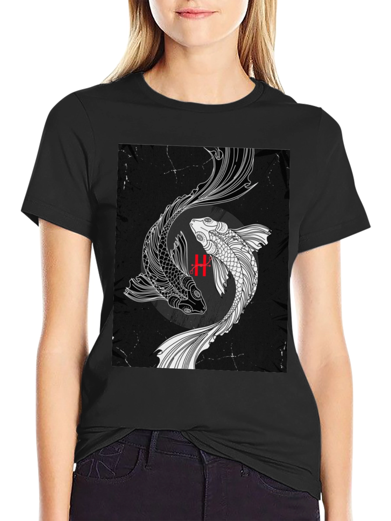 Yin Yang Koi Fish Graphic Black T-Shirt