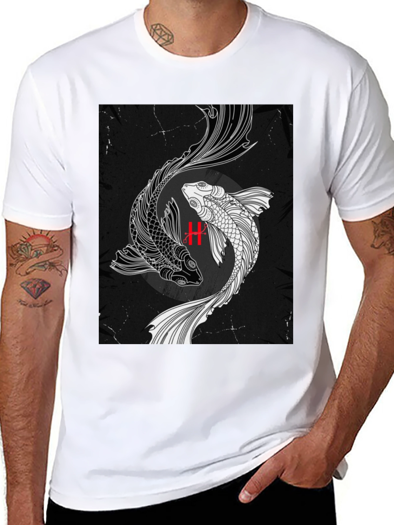 Yin Yang Koi Fish Graphic Black T-Shirt
