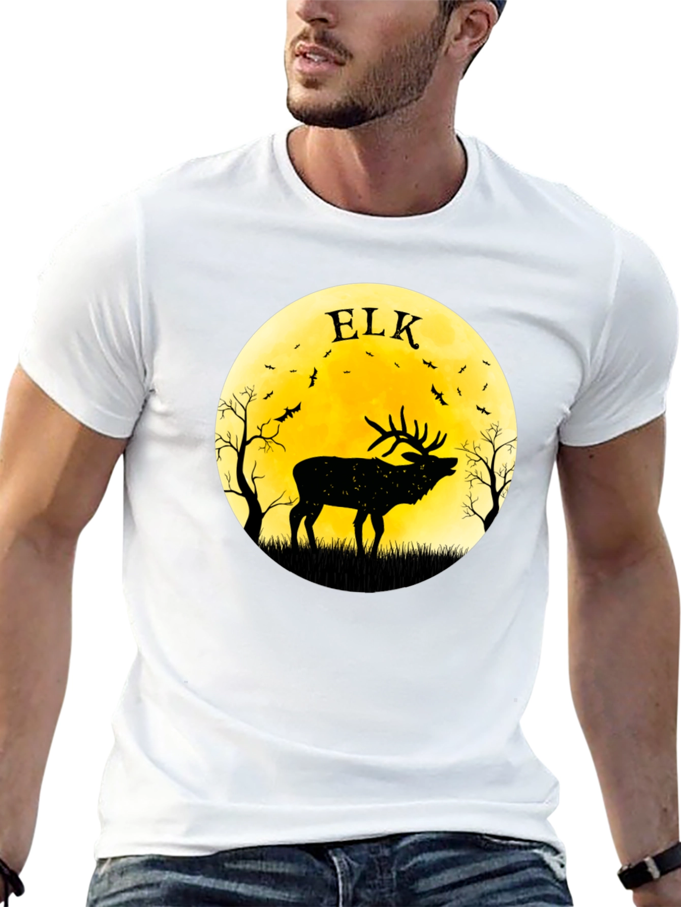Elk Silhouette Moon Graphic Tee - Black