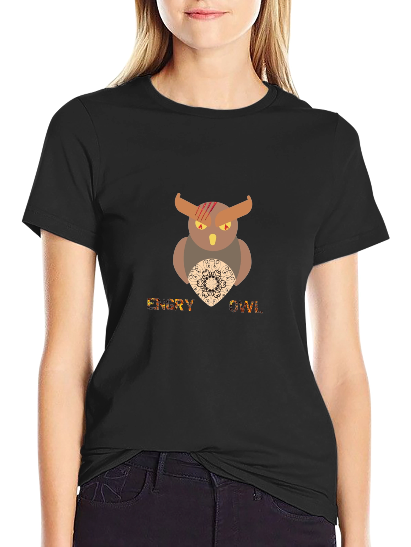 Mens Black Graphic T-Shirt - Angry Owl Design