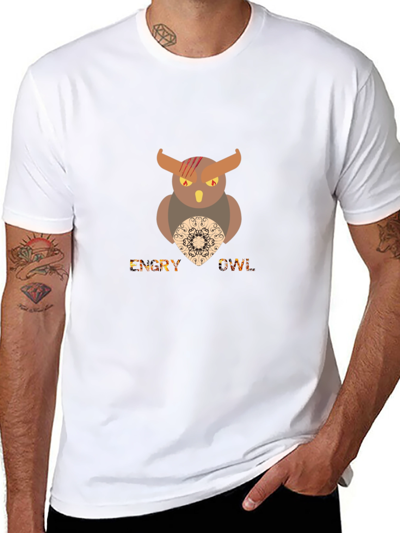 Mens Black Graphic T-Shirt - Angry Owl Design