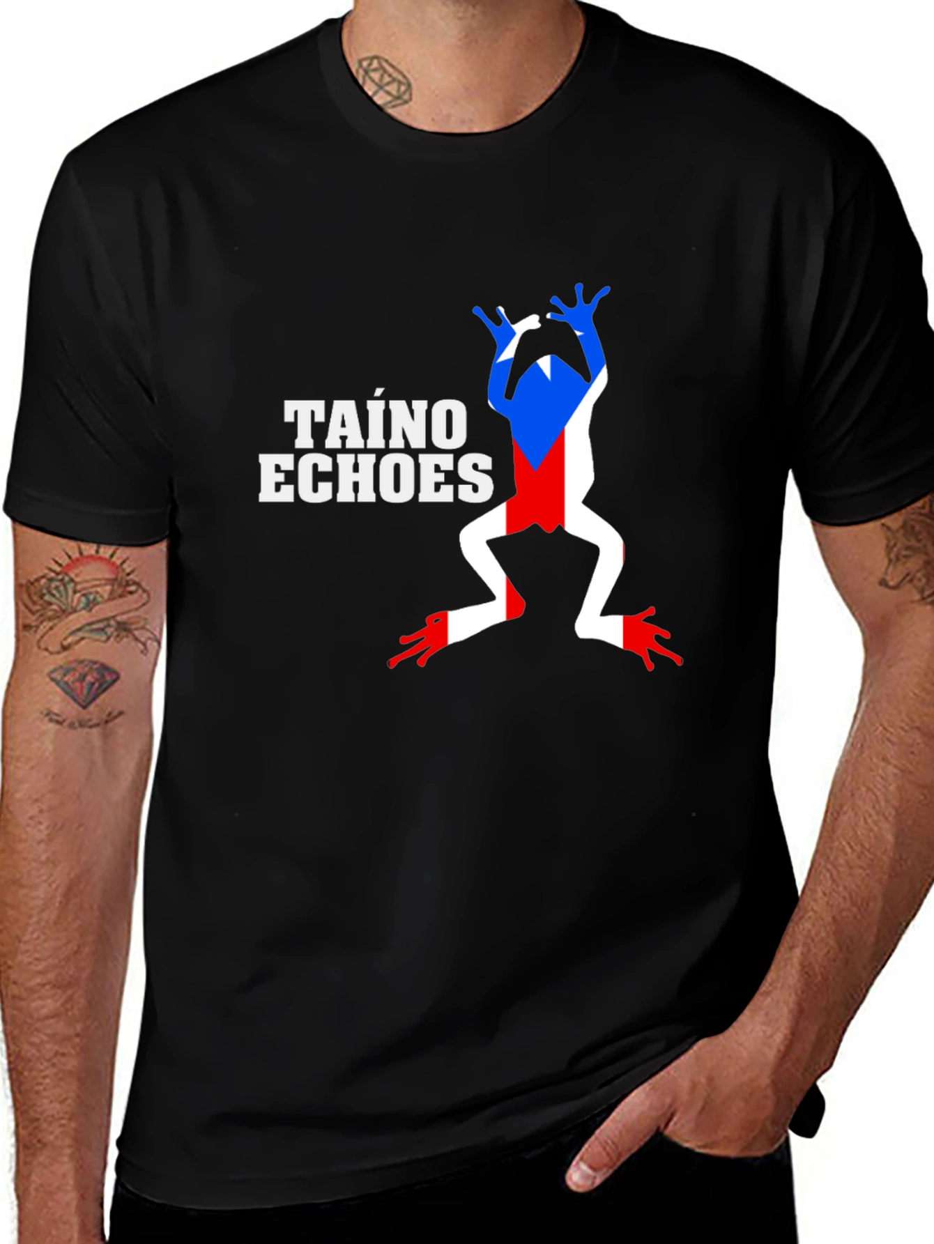 Taino Echoes Puerto Rico Flag Frog Black T-Shirt