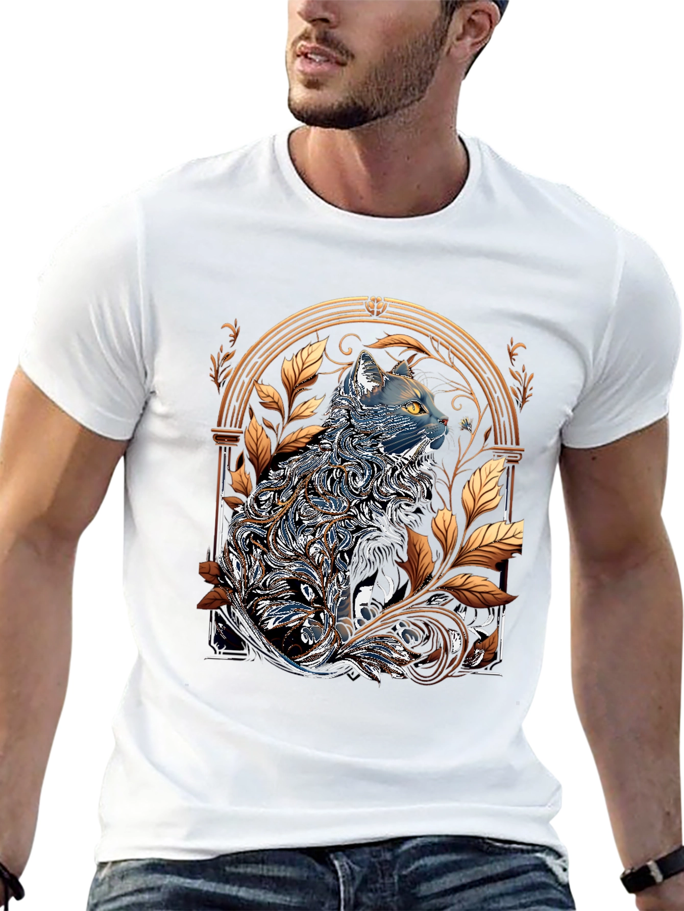 Ornate Cat Design Black T-Shirt