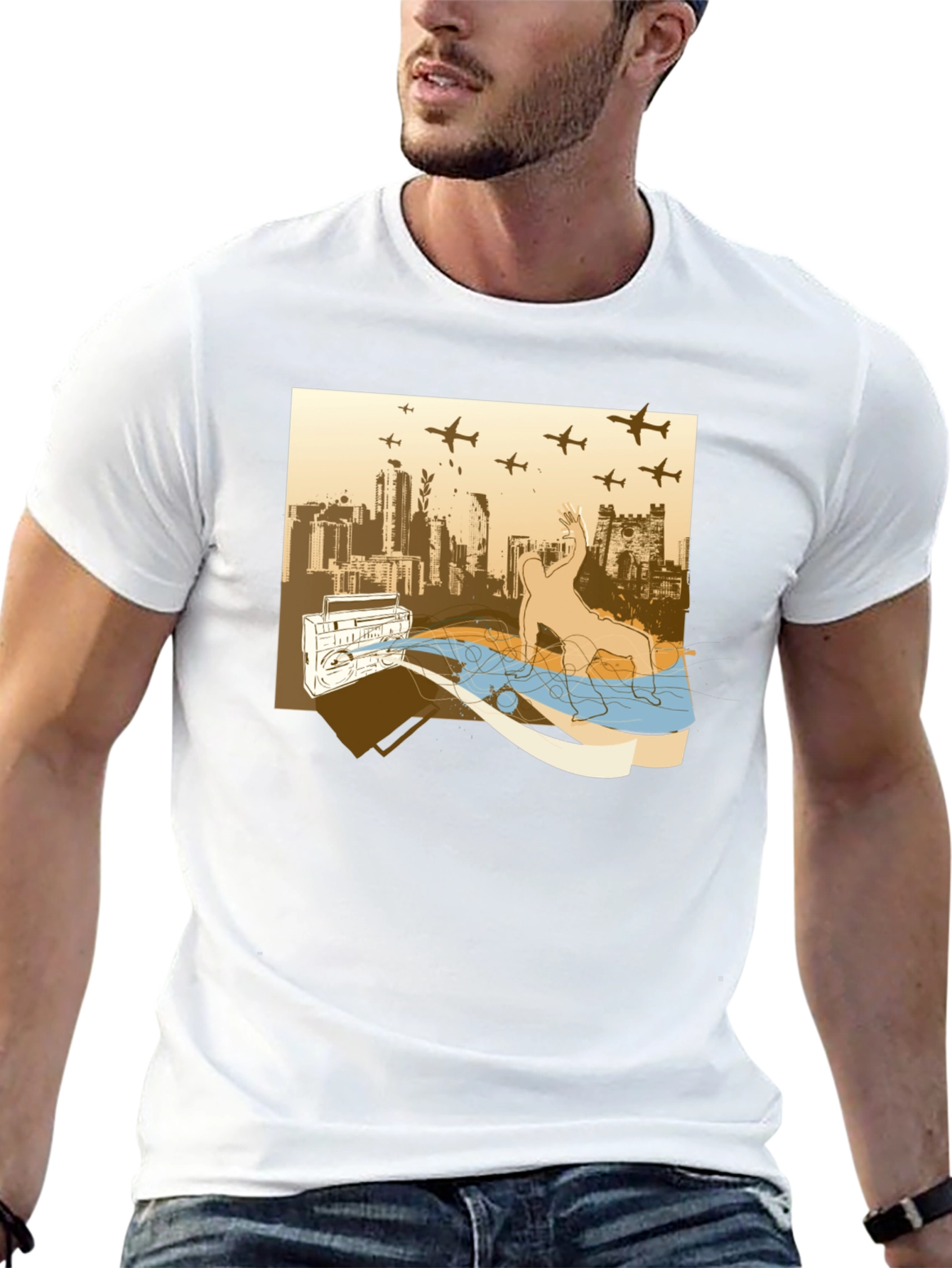 Urban Beat T-Shirt: Boombox Cityscape Design