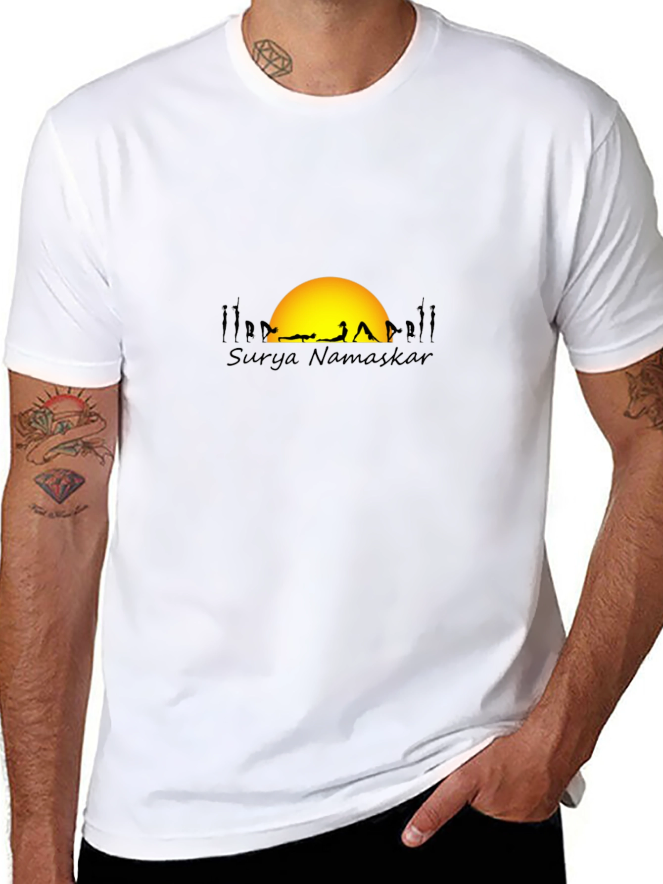 Surya Namaskar Black T-Shirt - Yoga & Sun Design