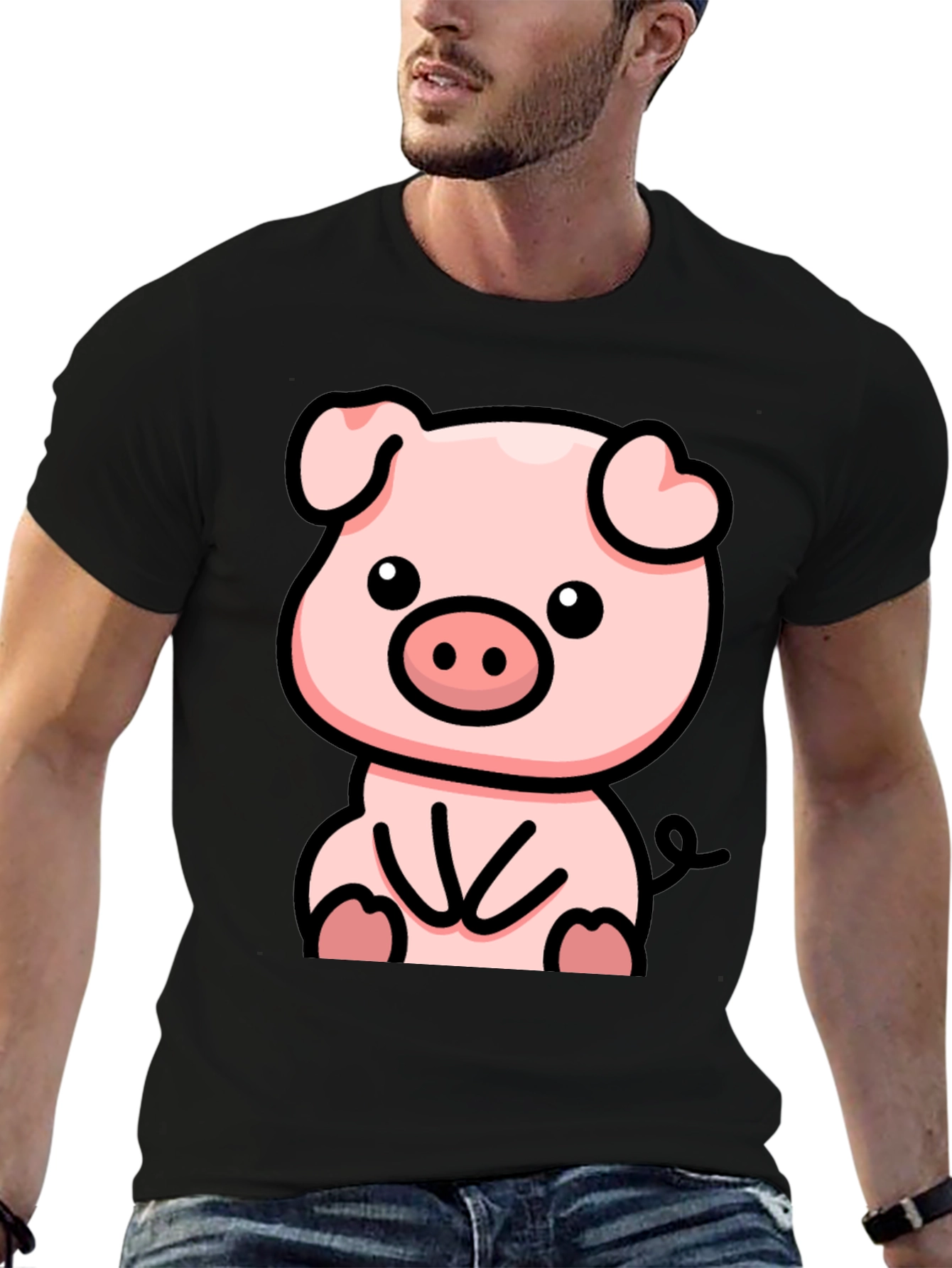 Cute Cartoon Pig Black T-Shirt