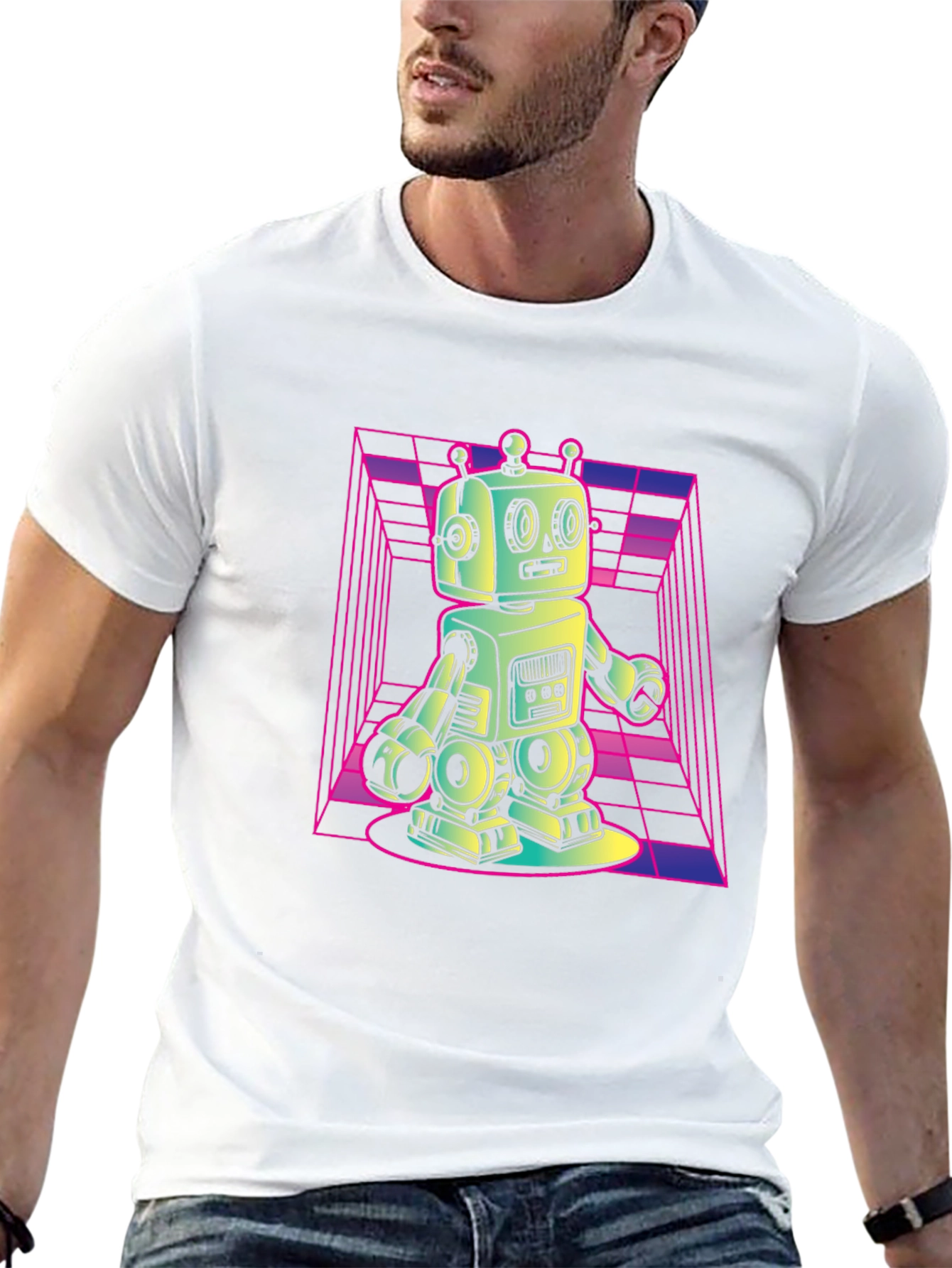 Retro Robot Graphic Tee - Black Cotton T-Shirt