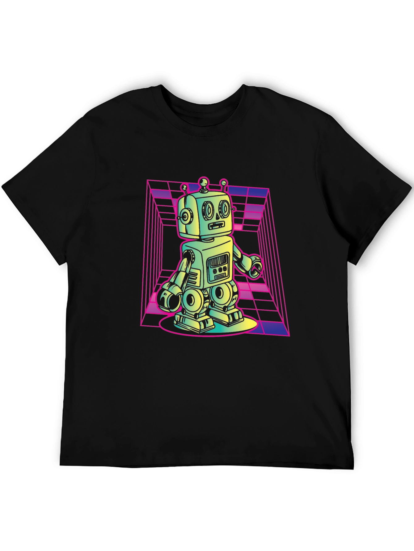 Retro Robot Graphic Tee - Black Cotton T-Shirt