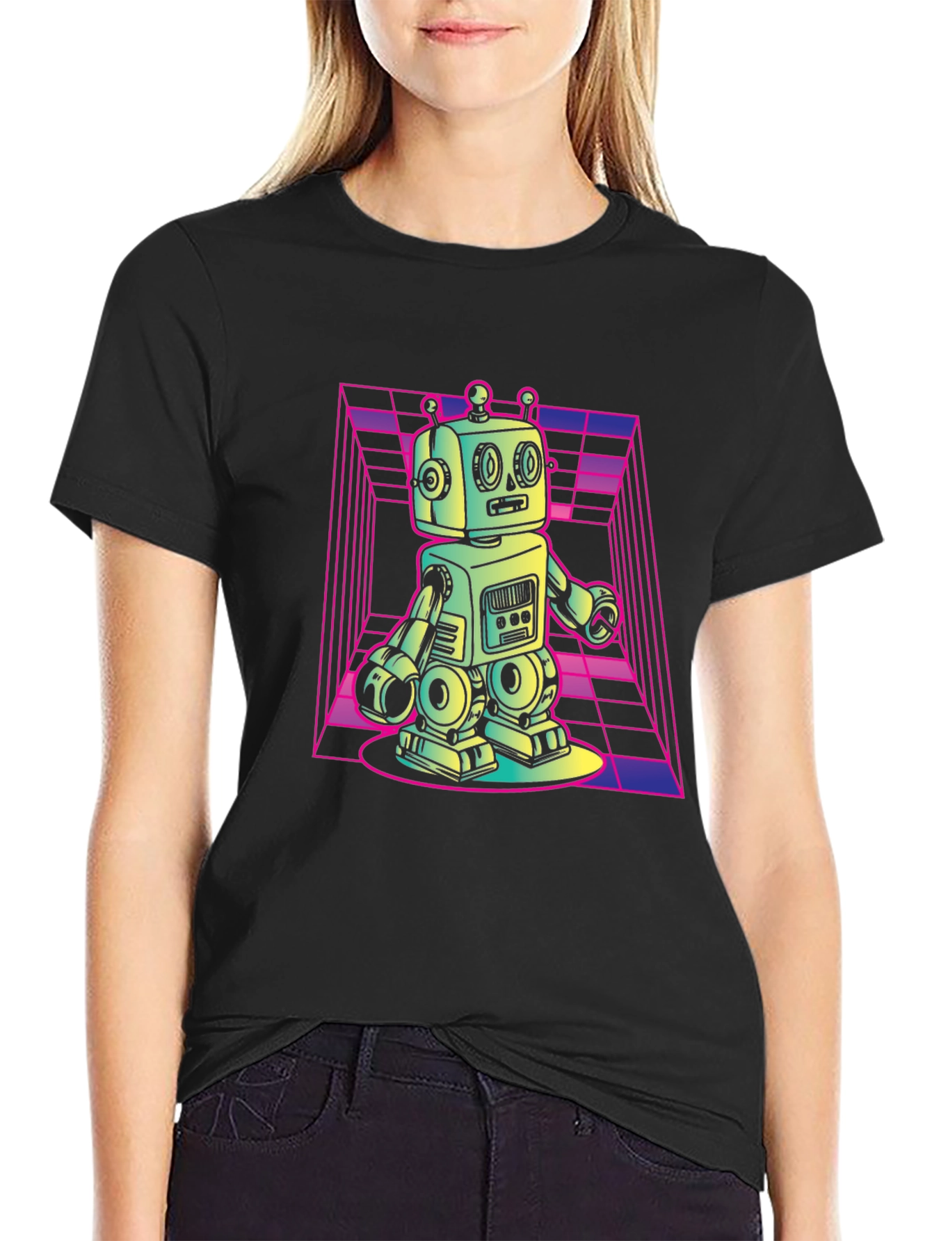 Retro Robot Graphic Tee - Black Cotton T-Shirt