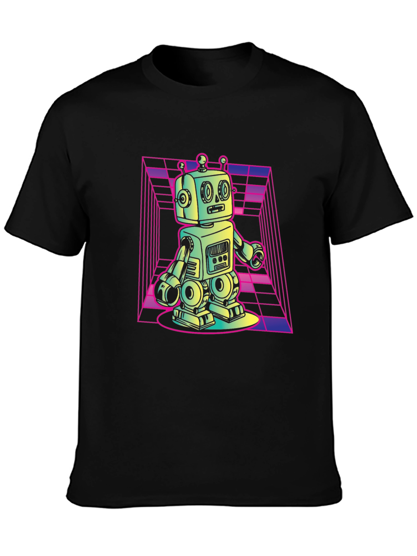 Retro Robot Graphic Tee - Black Cotton T-Shirt