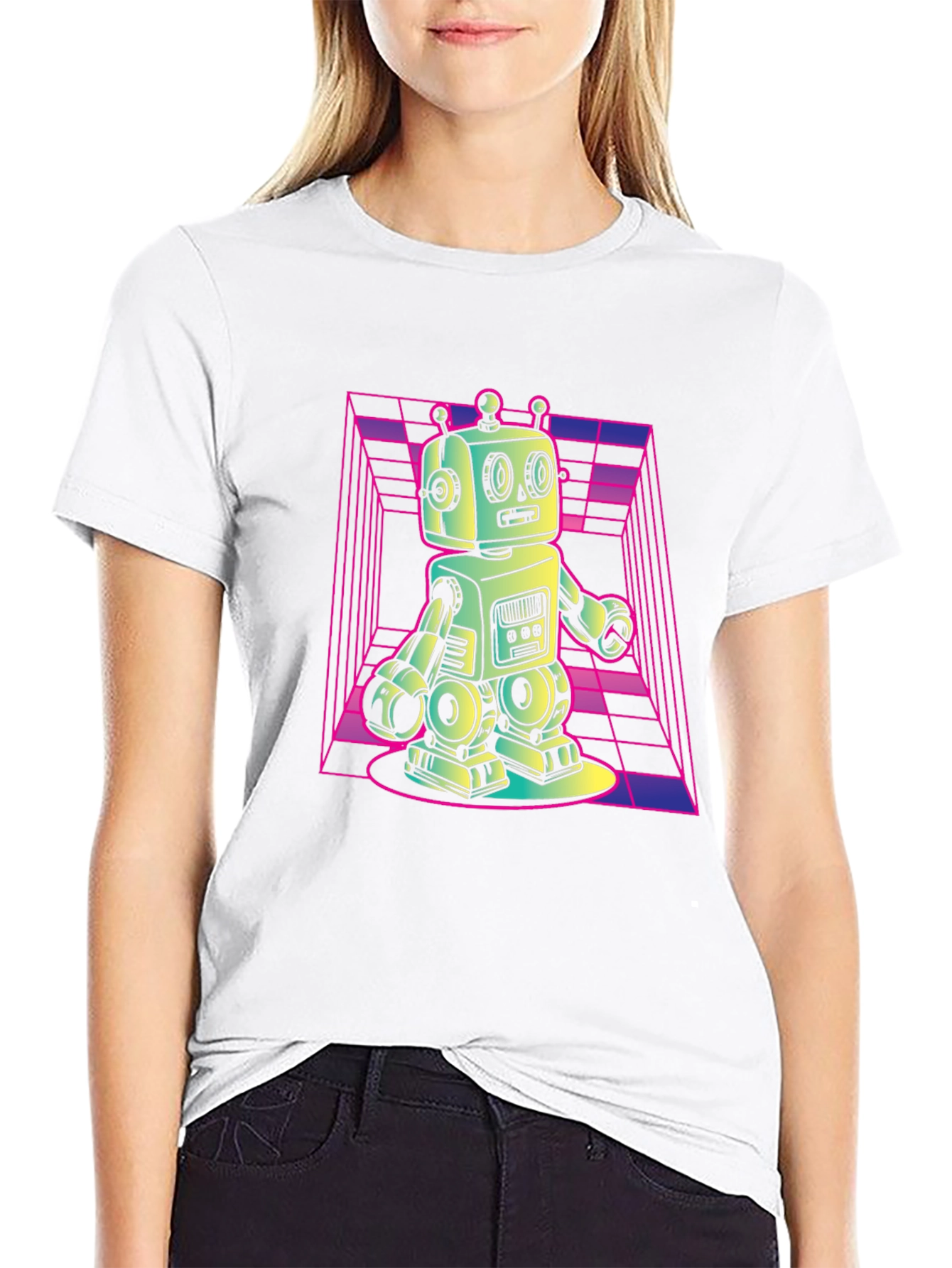 Retro Robot Graphic Tee - Black Cotton T-Shirt