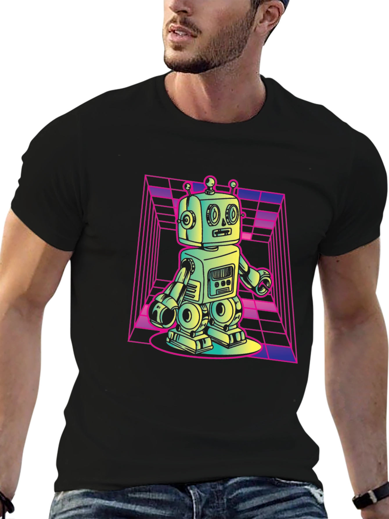 Retro Robot Graphic Tee - Black Cotton T-Shirt