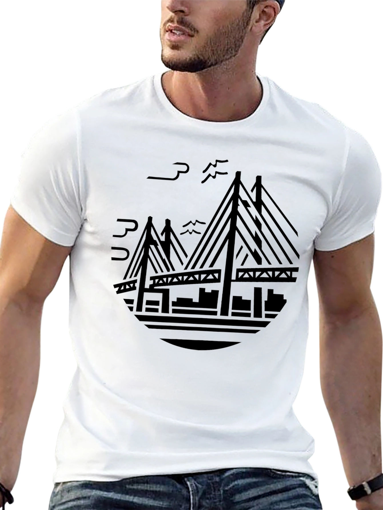 Black T-Shirt with Cityscape Bridge Design