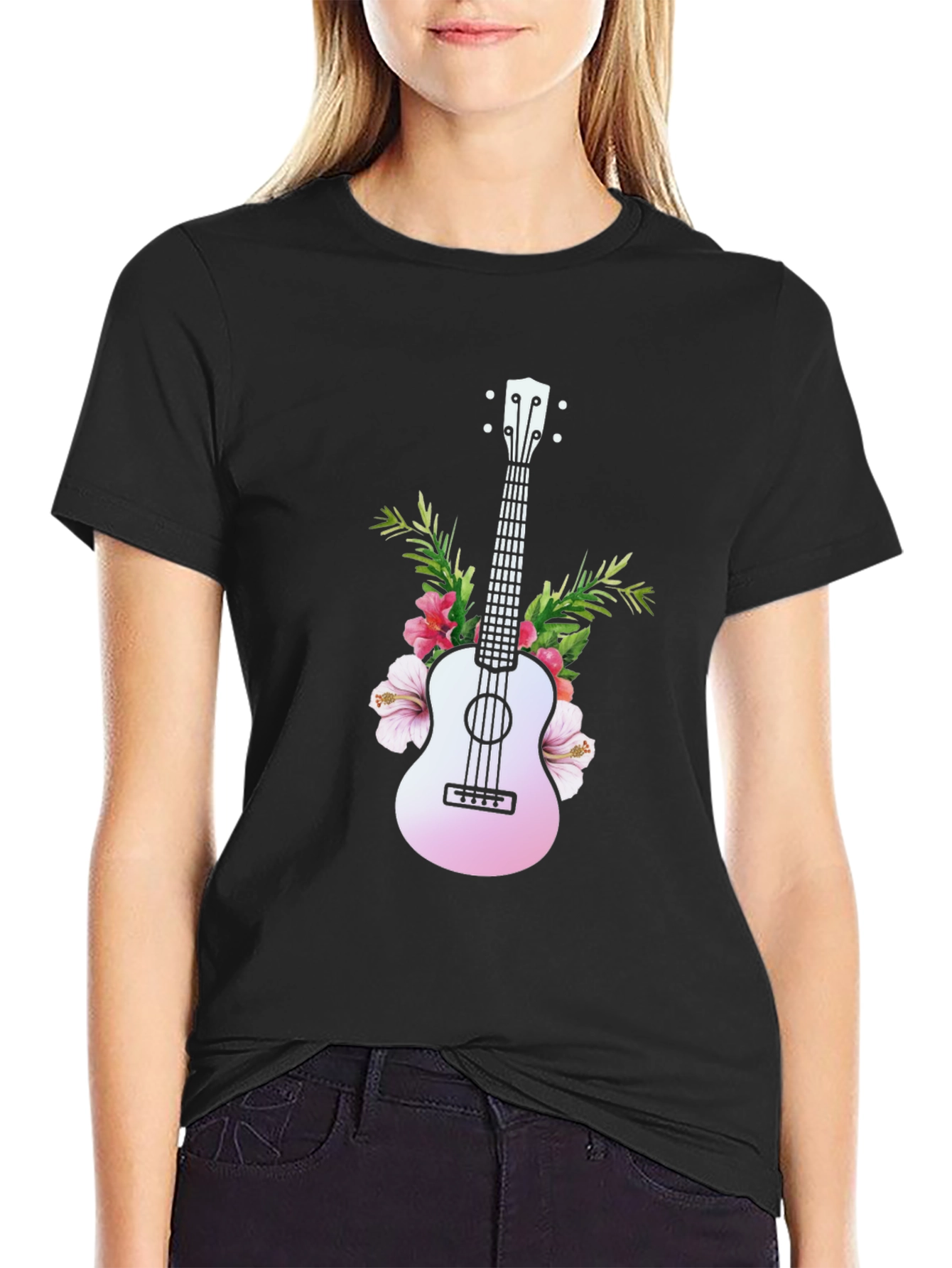 Tropical Ukulele Graphic Tee - Black Cotton T-Shirt