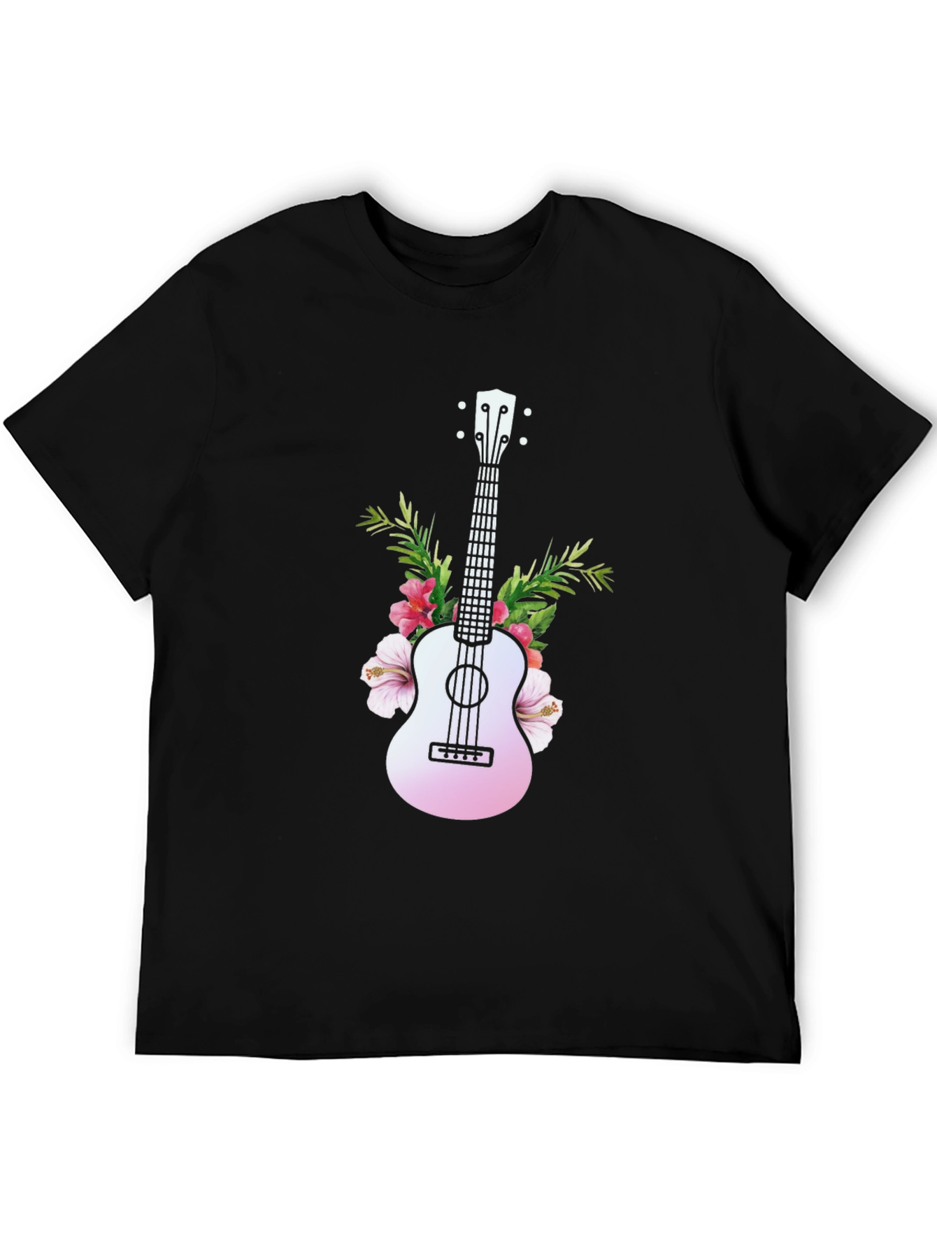 Tropical Ukulele Graphic Tee - Black Cotton T-Shirt