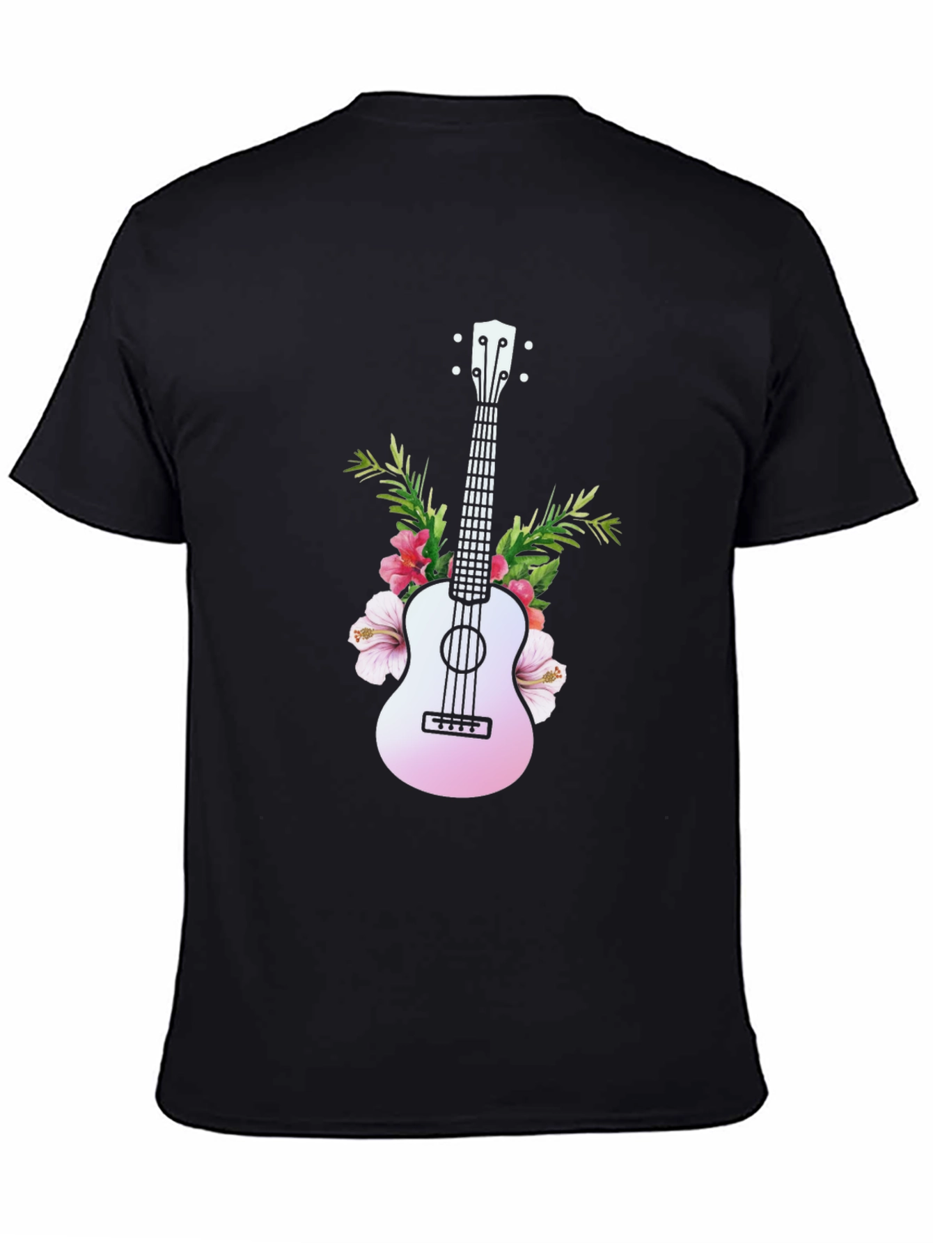 Tropical Ukulele Graphic Tee - Black Cotton T-Shirt