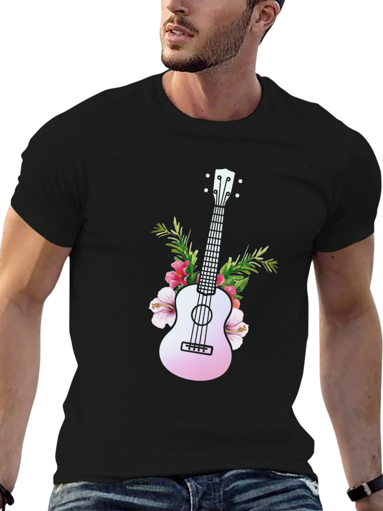 Tropical Ukulele Graphic Tee - Black Cotton T-Shirt