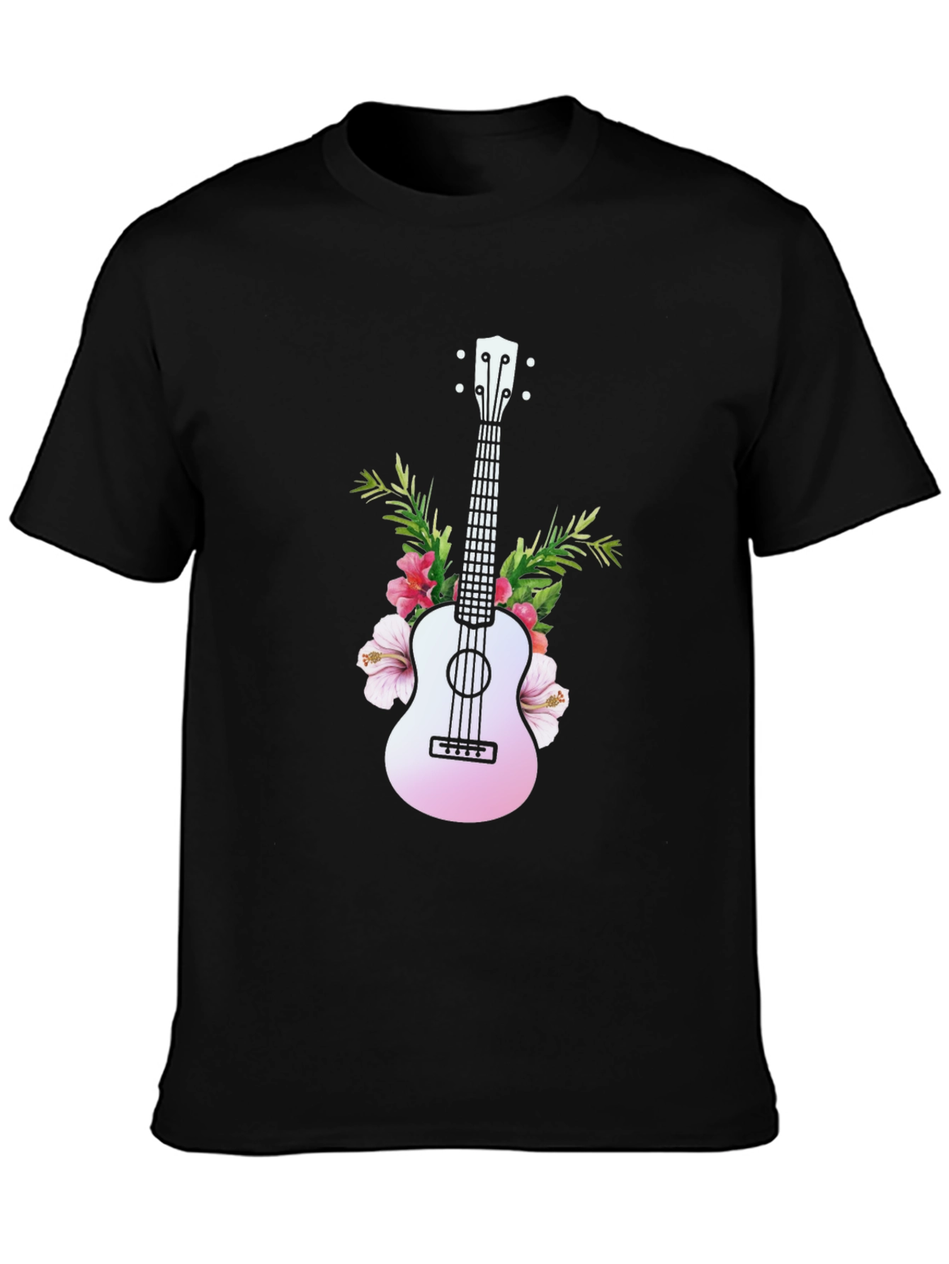 Tropical Ukulele Graphic Tee - Black Cotton T-Shirt