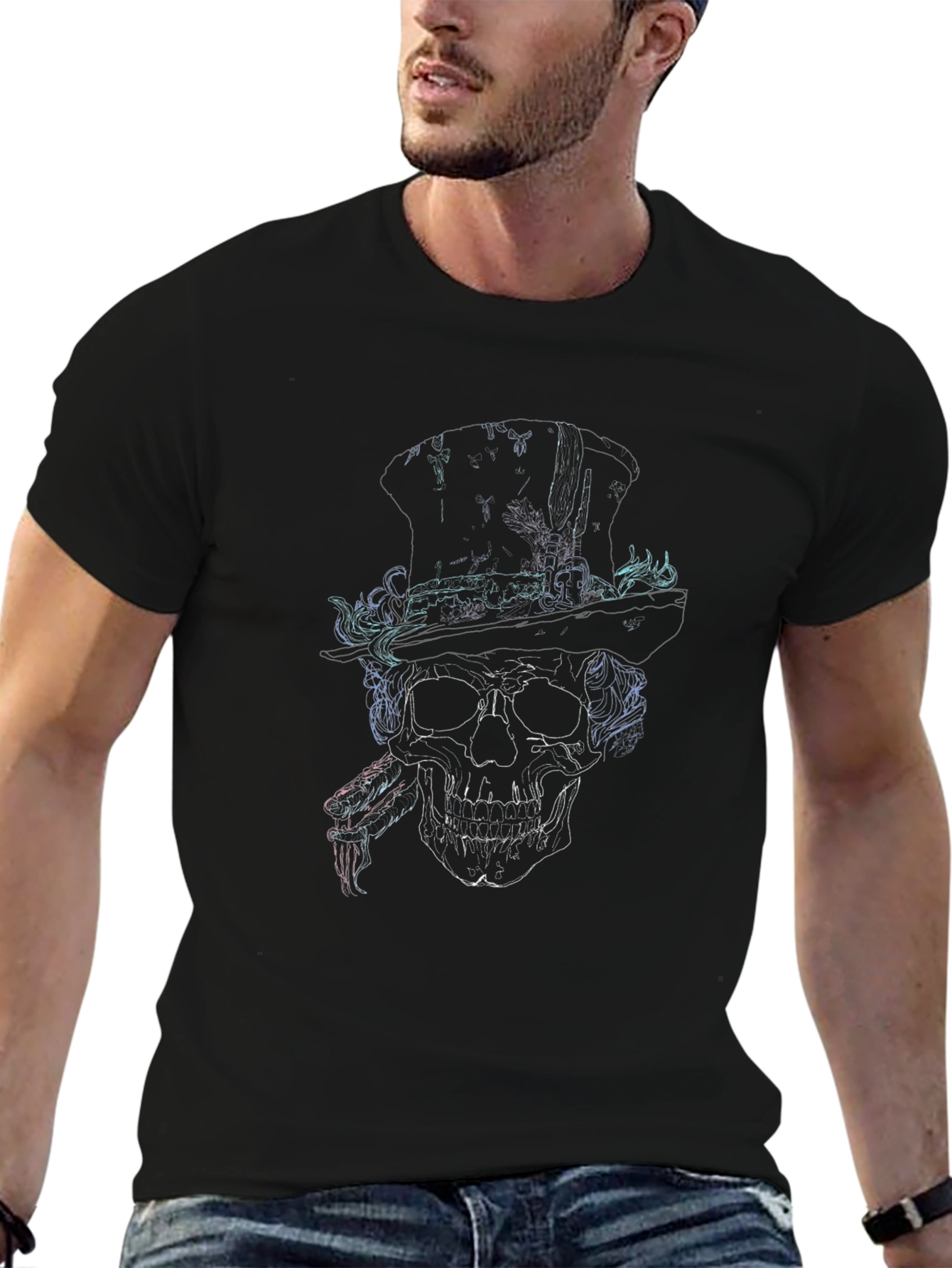 Skull in Top Hat Graphic Print T-Shirt