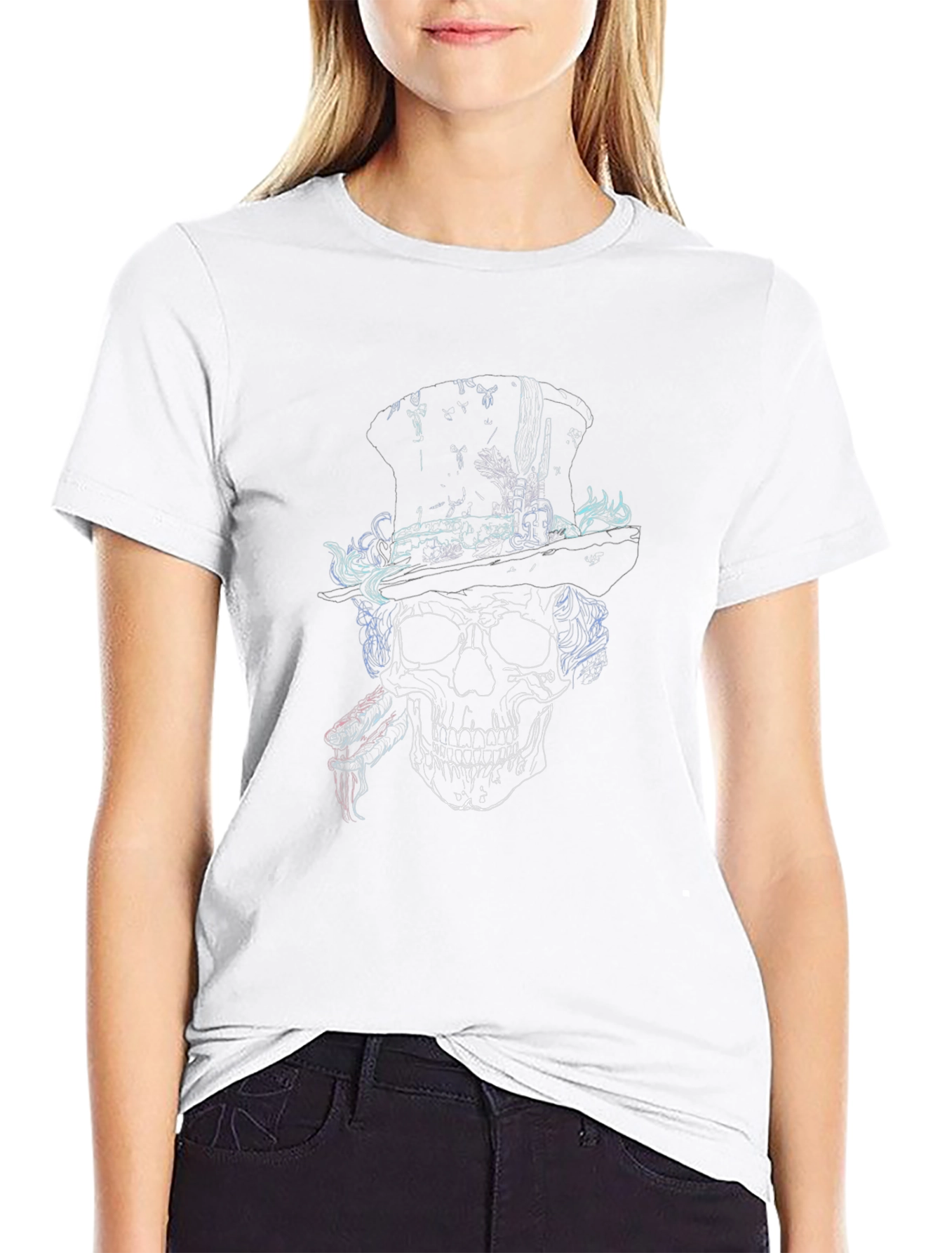 Skull in Top Hat Graphic Print T-Shirt
