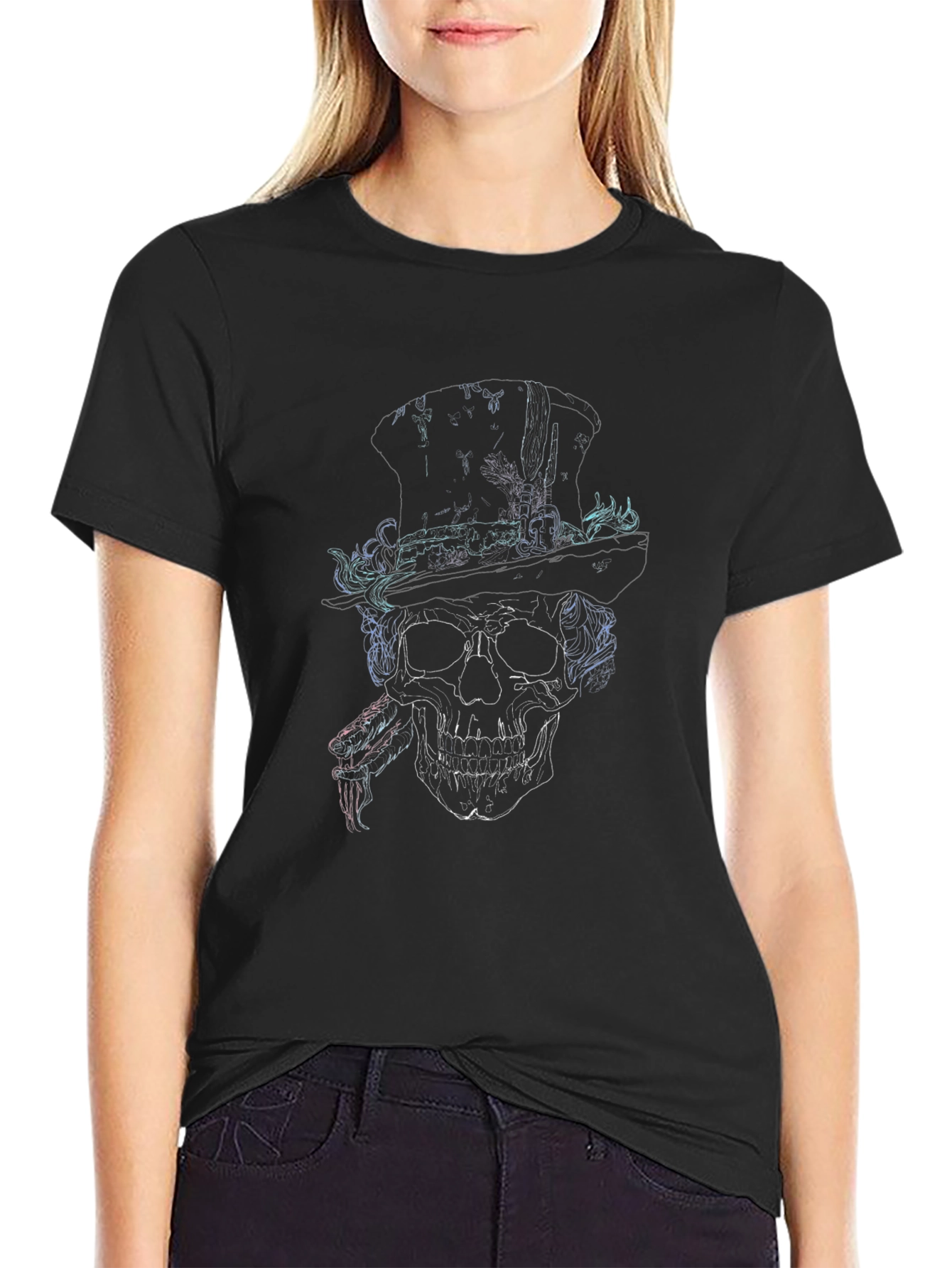 Skull in Top Hat Graphic Print T-Shirt