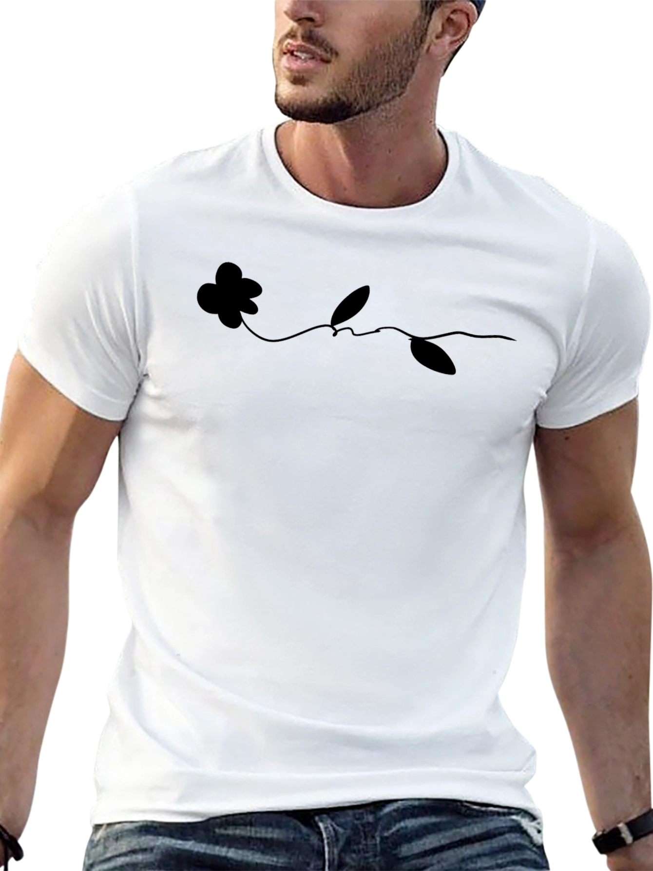 Minimalist Flower Line Art Black T-Shirt