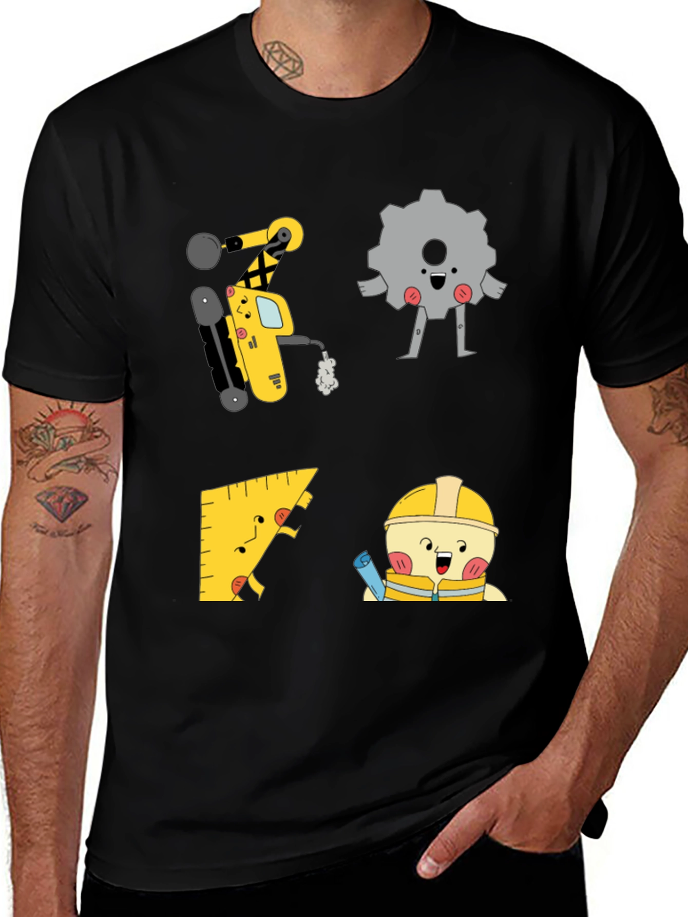 Engineer Cartoon Graphic Black T-Shirt