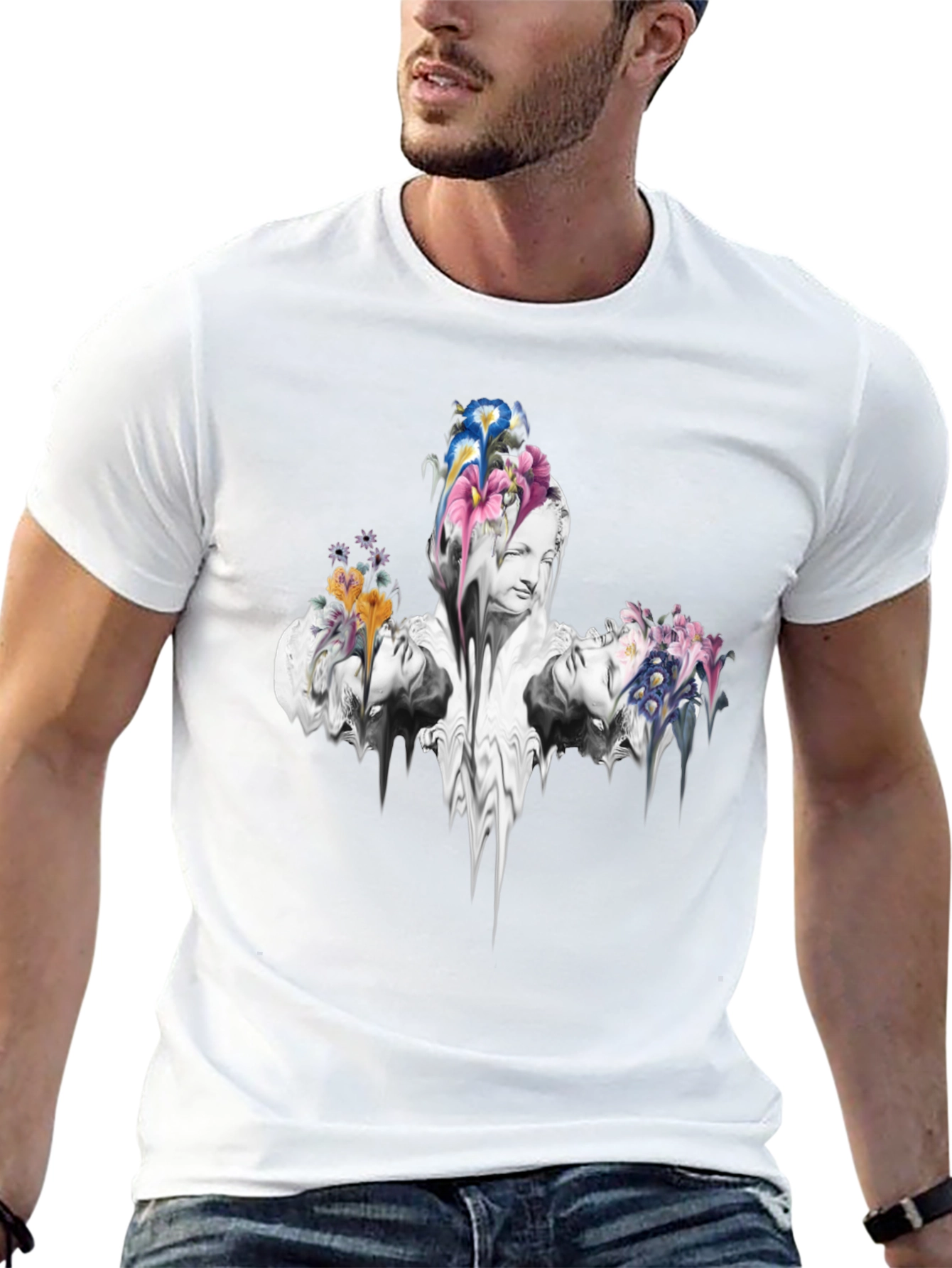Floral Statue Graphic Tee - Modern Art Shirt