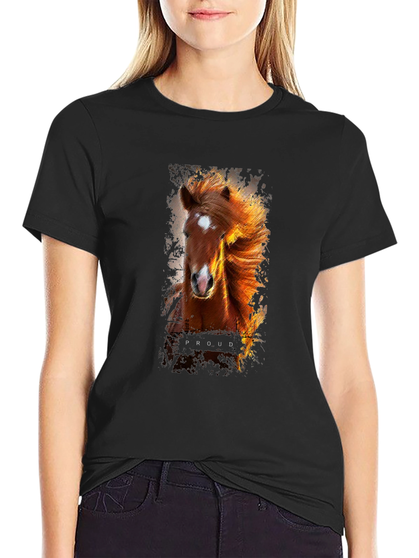 Proud Horse Graphic Print Black T-Shirt