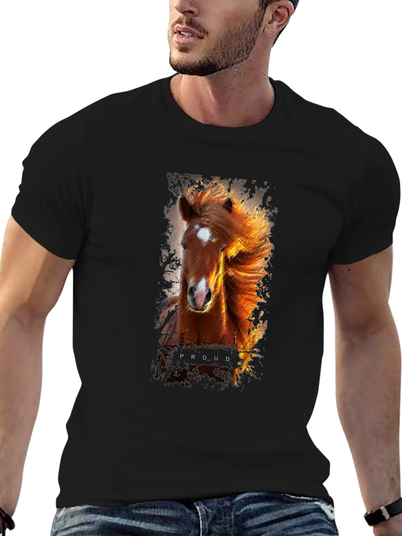 Proud Horse Graphic Print Black T-Shirt
