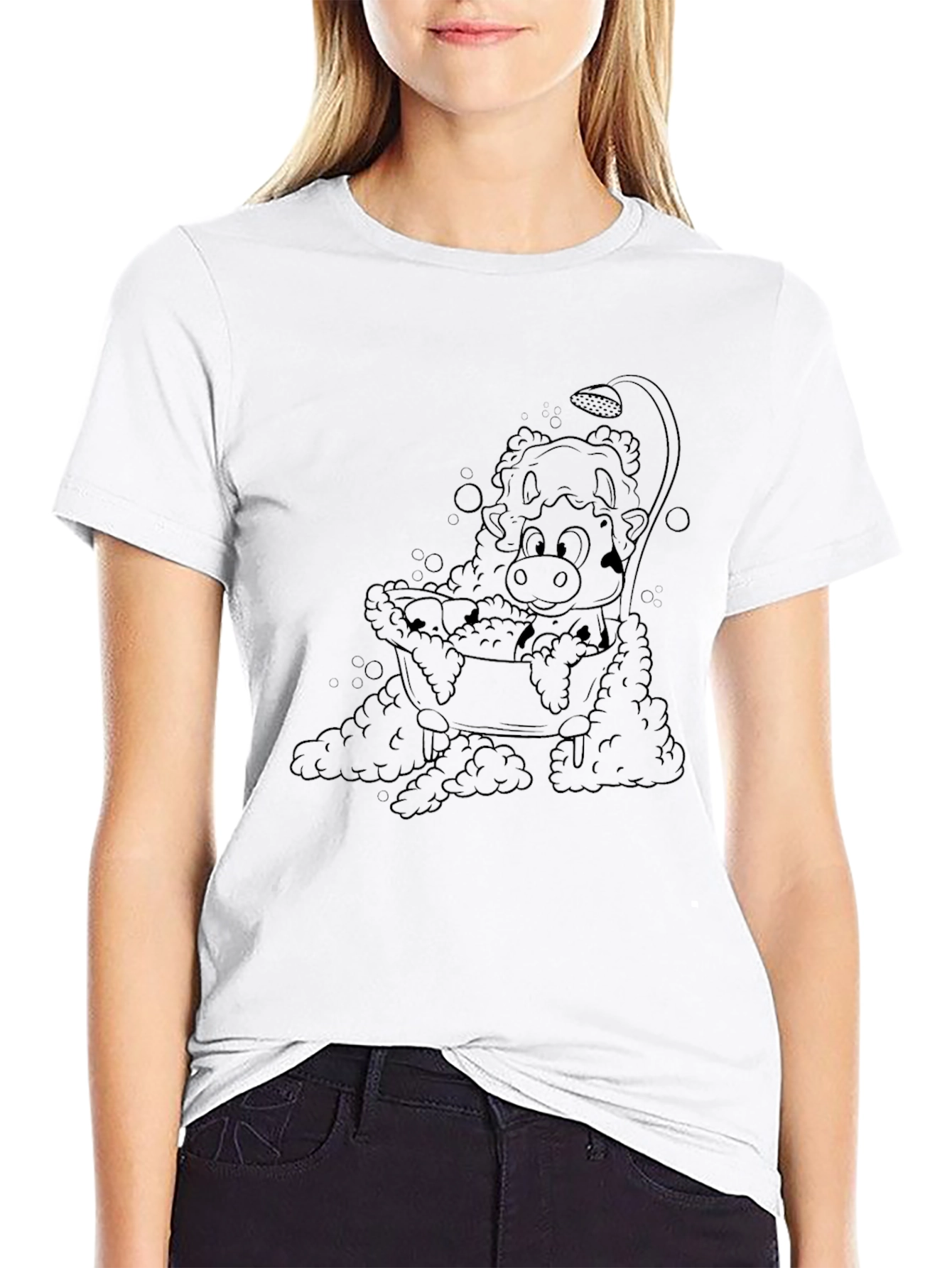 Cartoon Cow in Tub Mens Black T-Shirt
