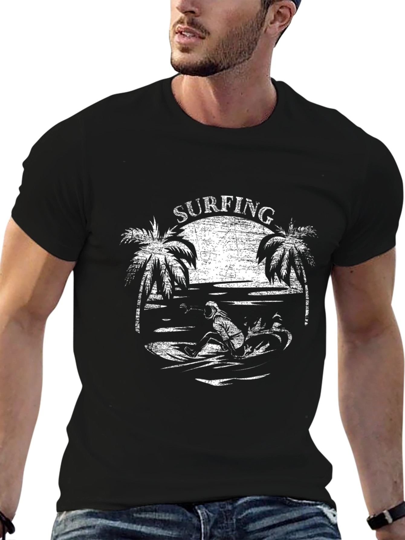 Surfing Graphic T-Shirt - Black Cotton Tee