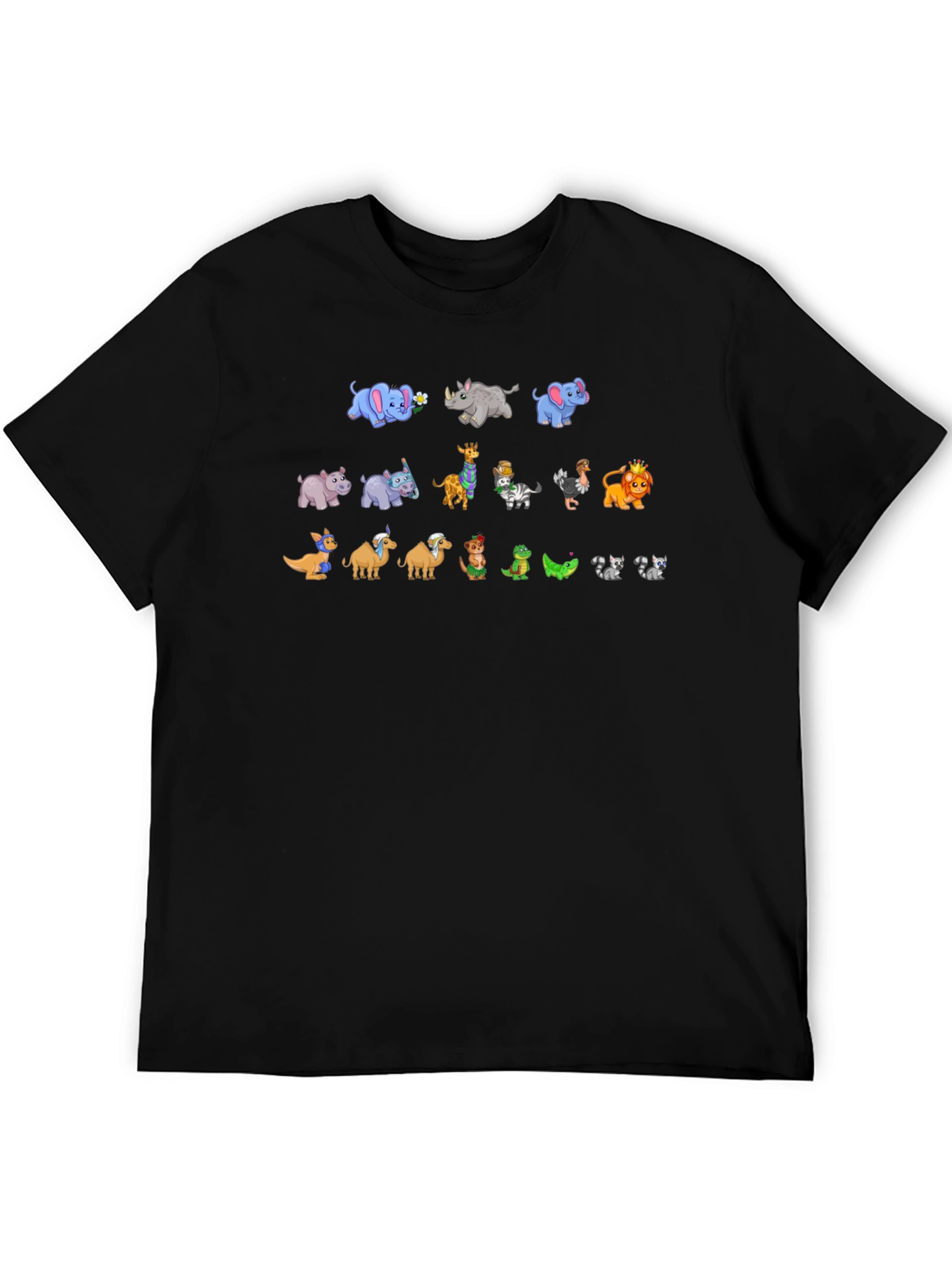 Cartoon Animals on Black Crewneck T-Shirt