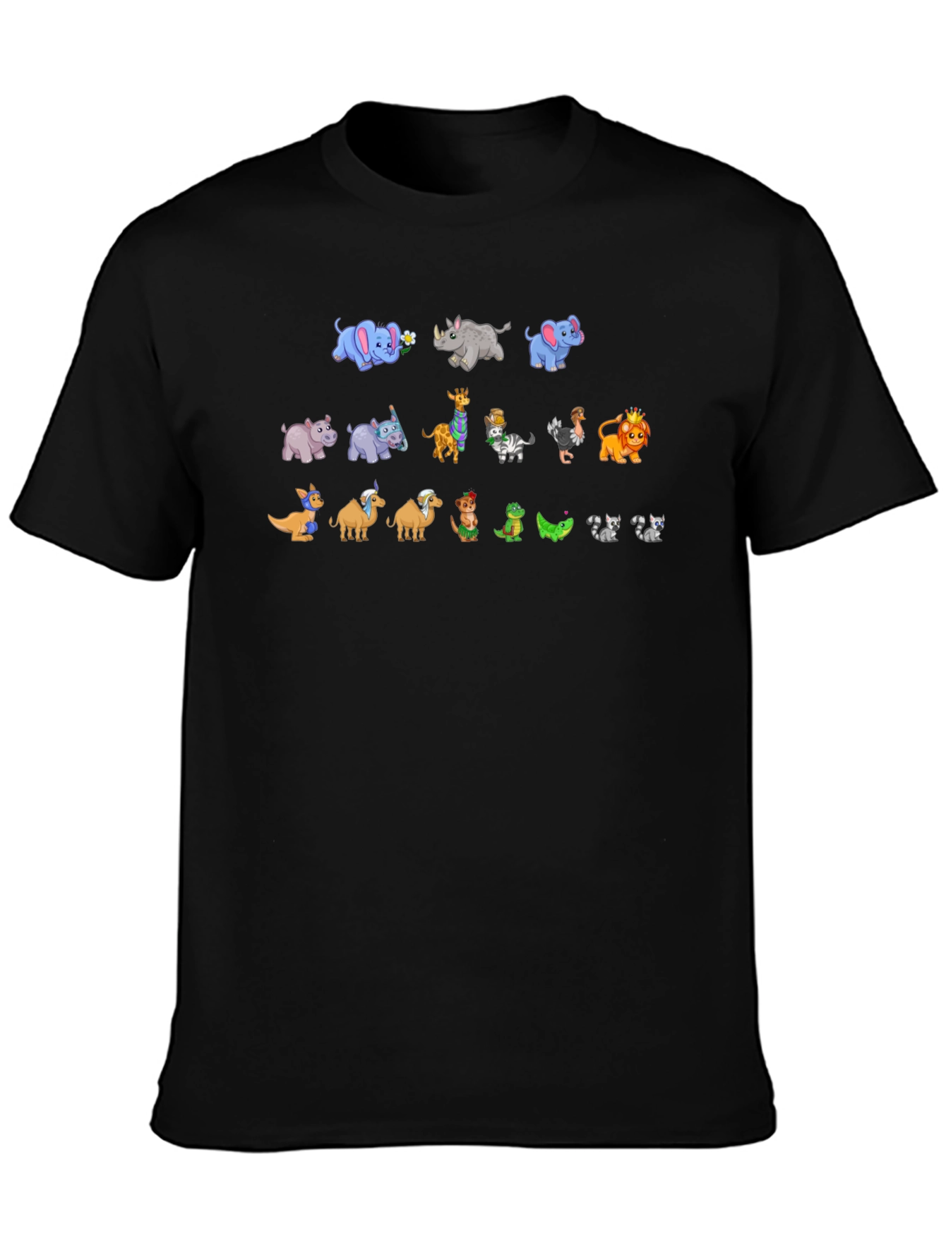 Cartoon Animals on Black Crewneck T-Shirt