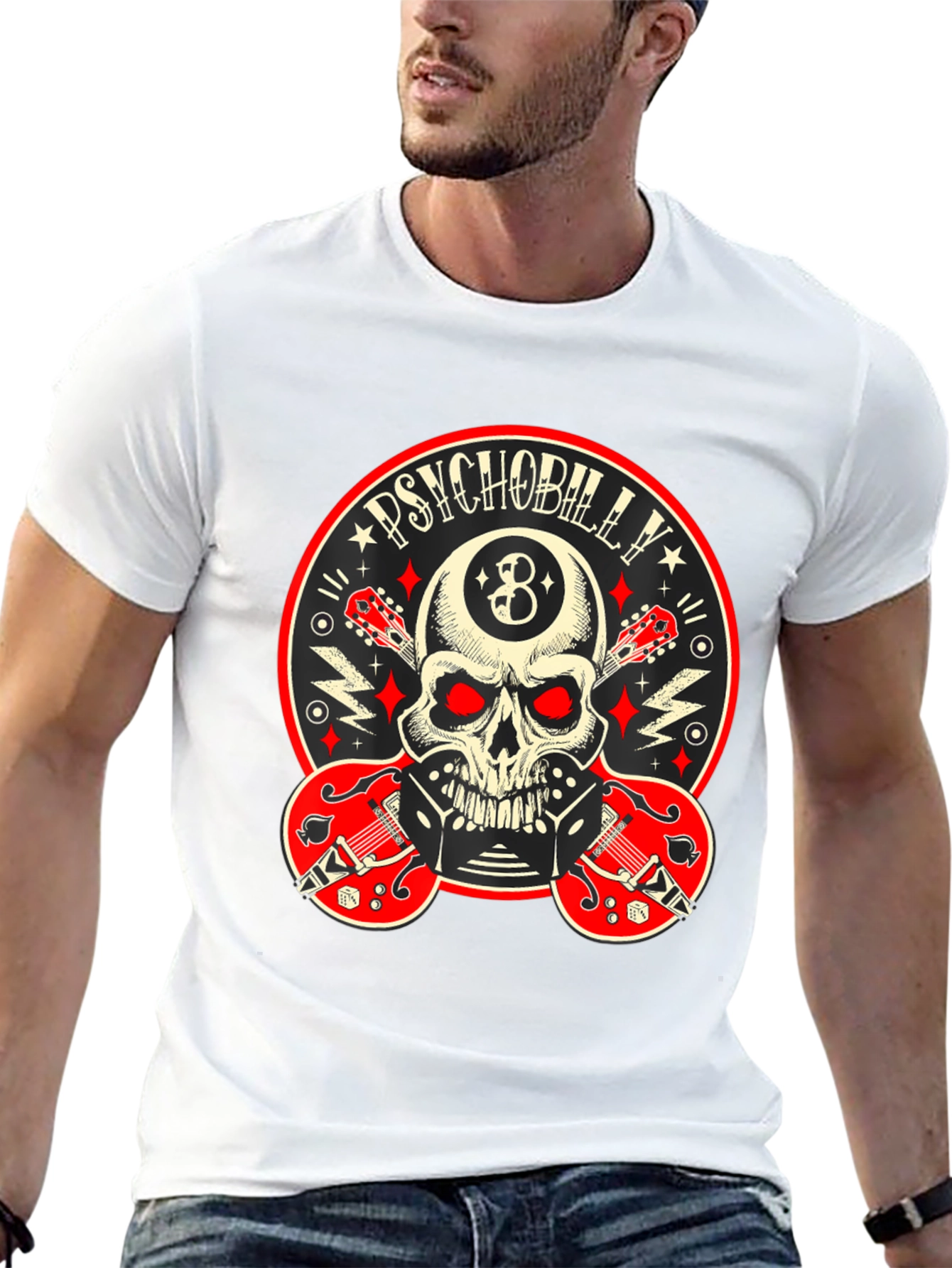 Psychobilly Skull T-Shirt - Rockabilly Guitar Tee