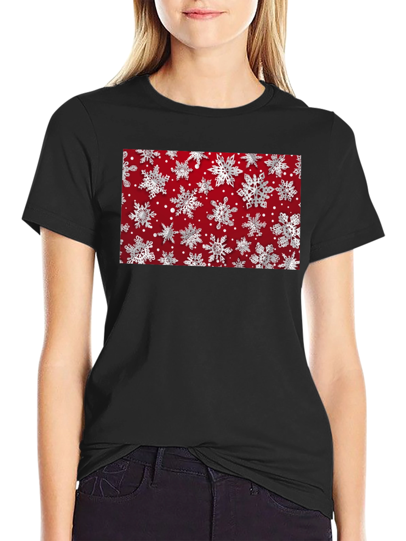 Festive Snowflake Pattern Black T-Shirt