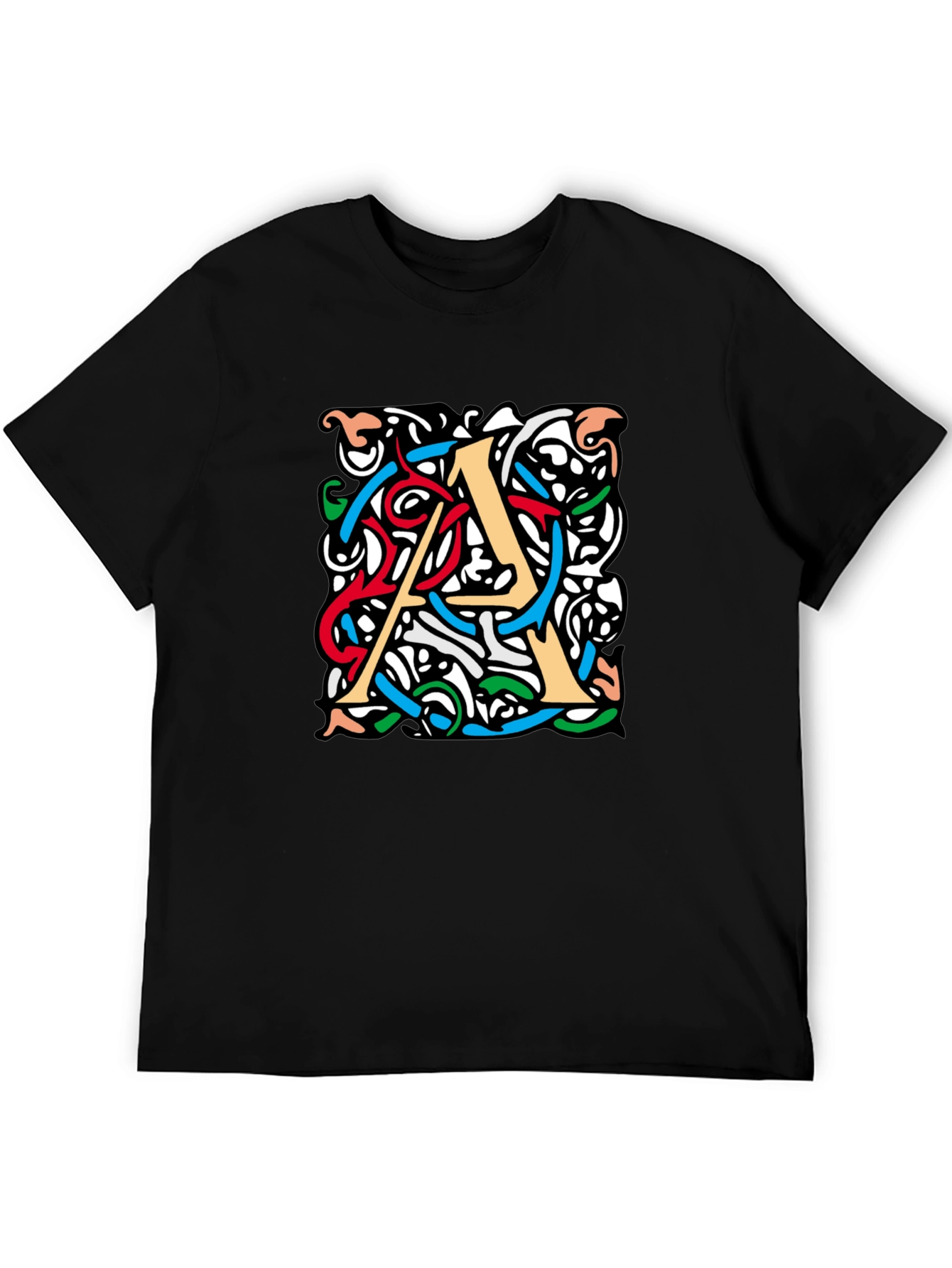 Letter A Graphic Print Mens Black T-Shirt