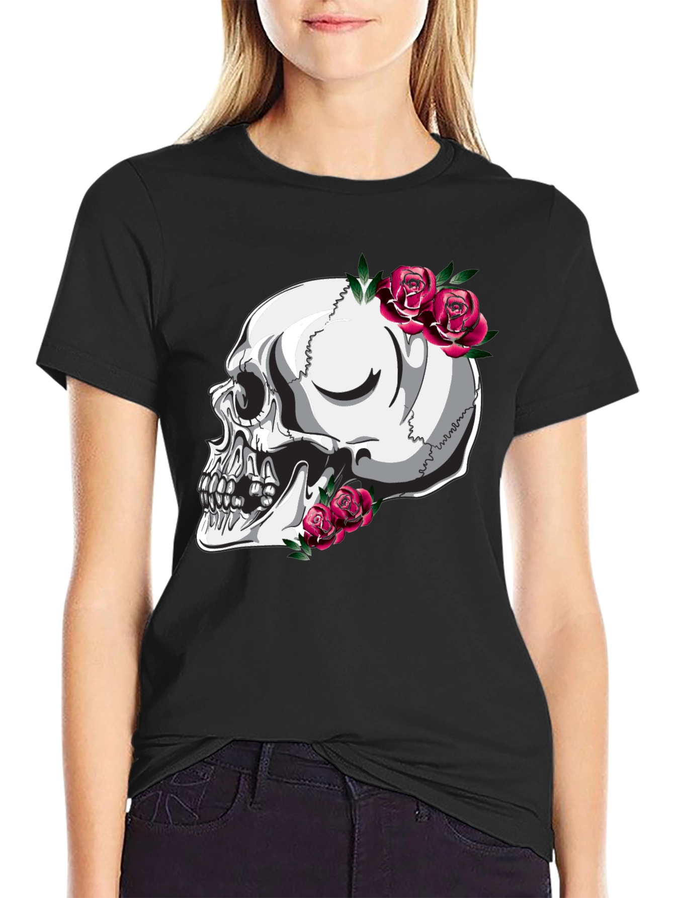 Skull and Roses Graphic T-Shirt - Black