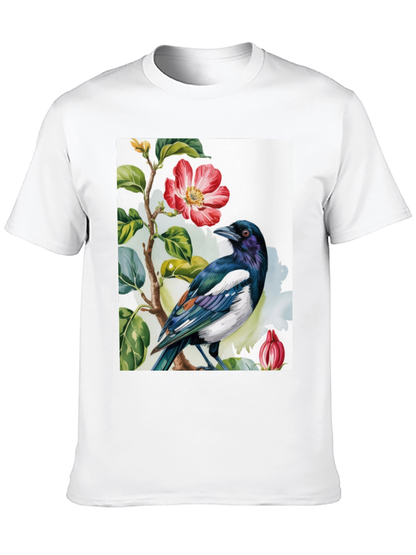 Bird & Flower Graphic Tee - Casual Black T-Shirt