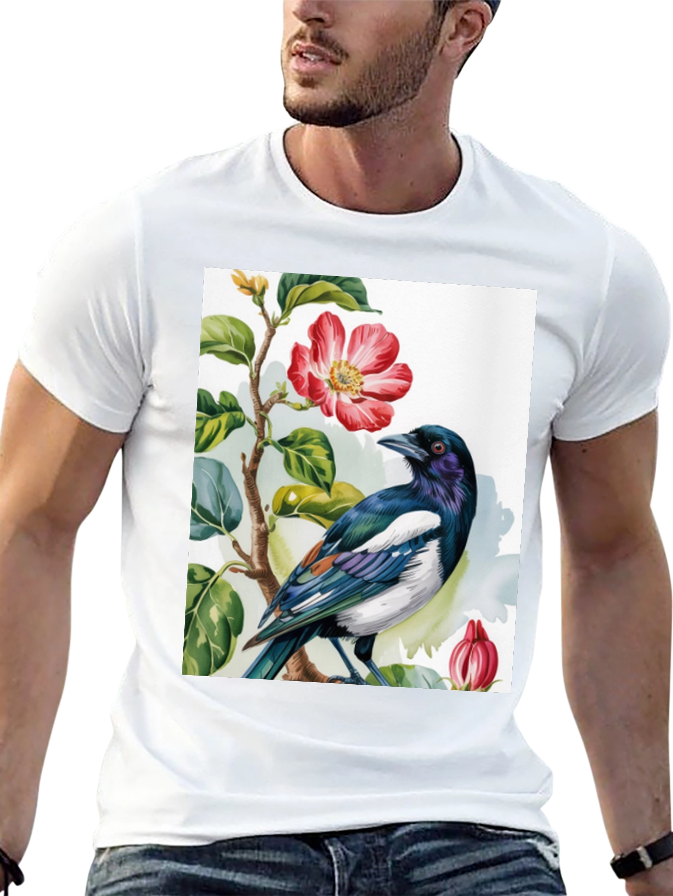 Bird & Flower Graphic Tee - Casual Black T-Shirt