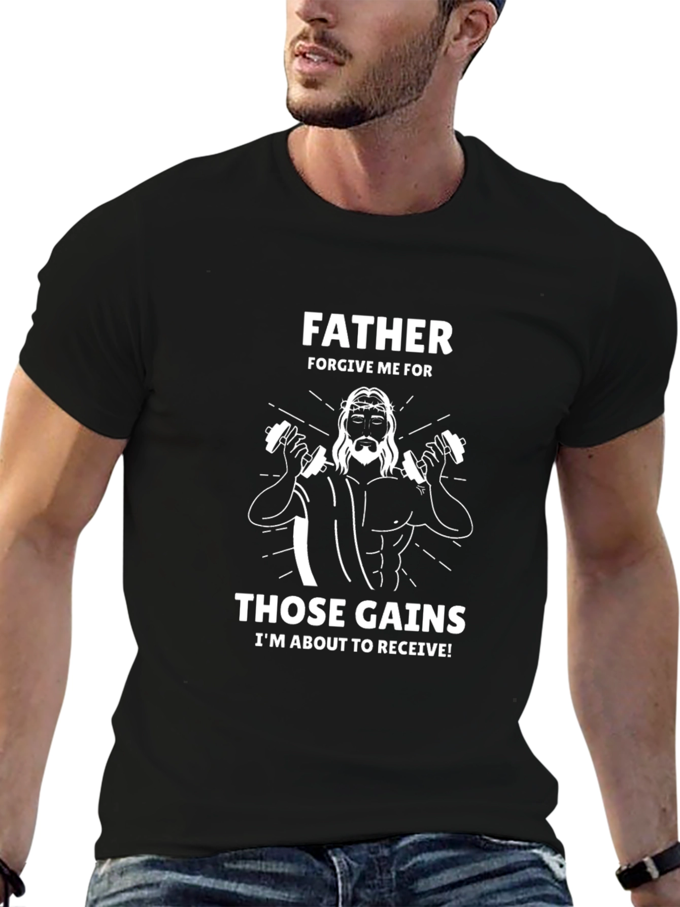 Father Forgive Me Those Gains Mens Graphic Tee
