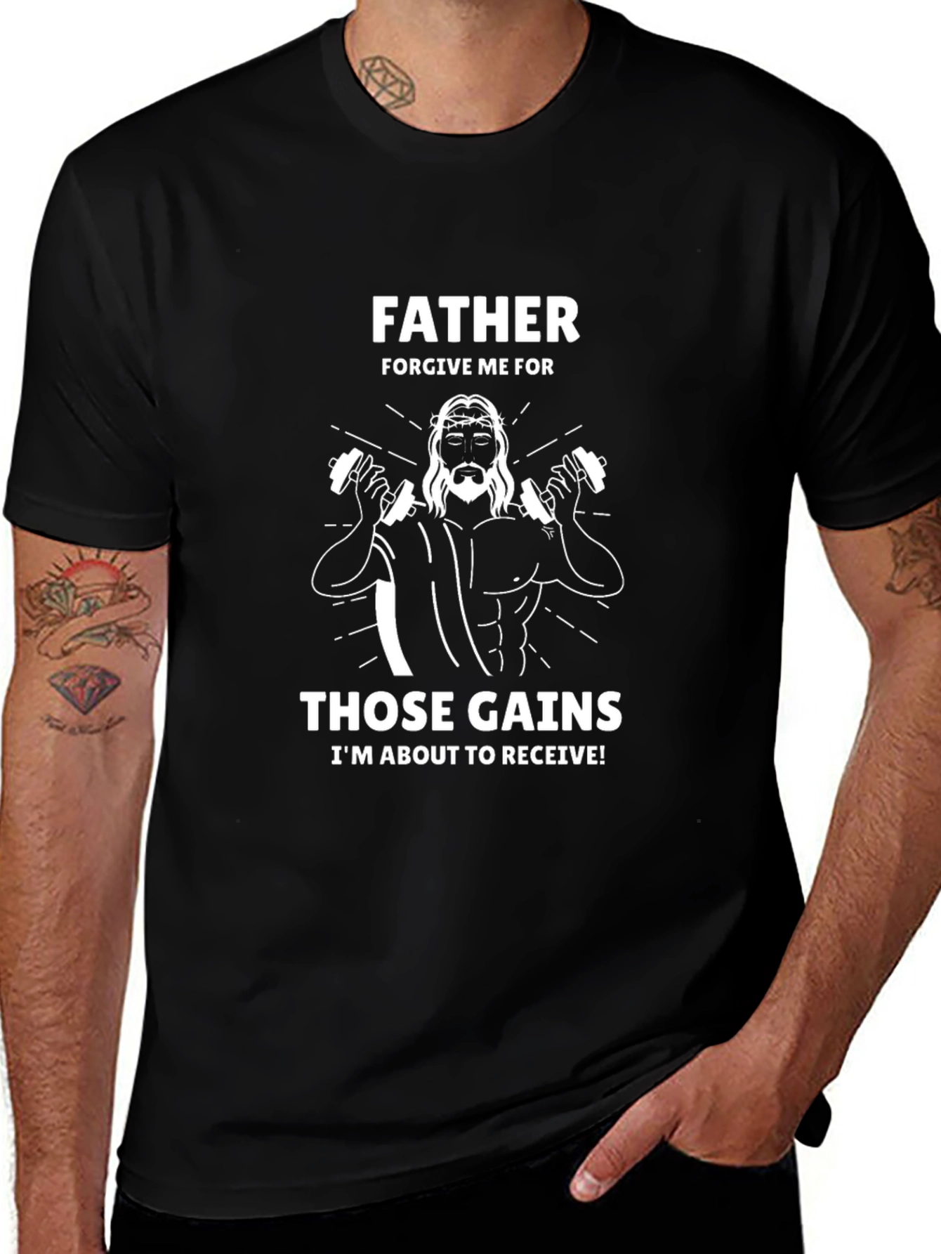 Father Forgive Me Those Gains Mens Graphic Tee