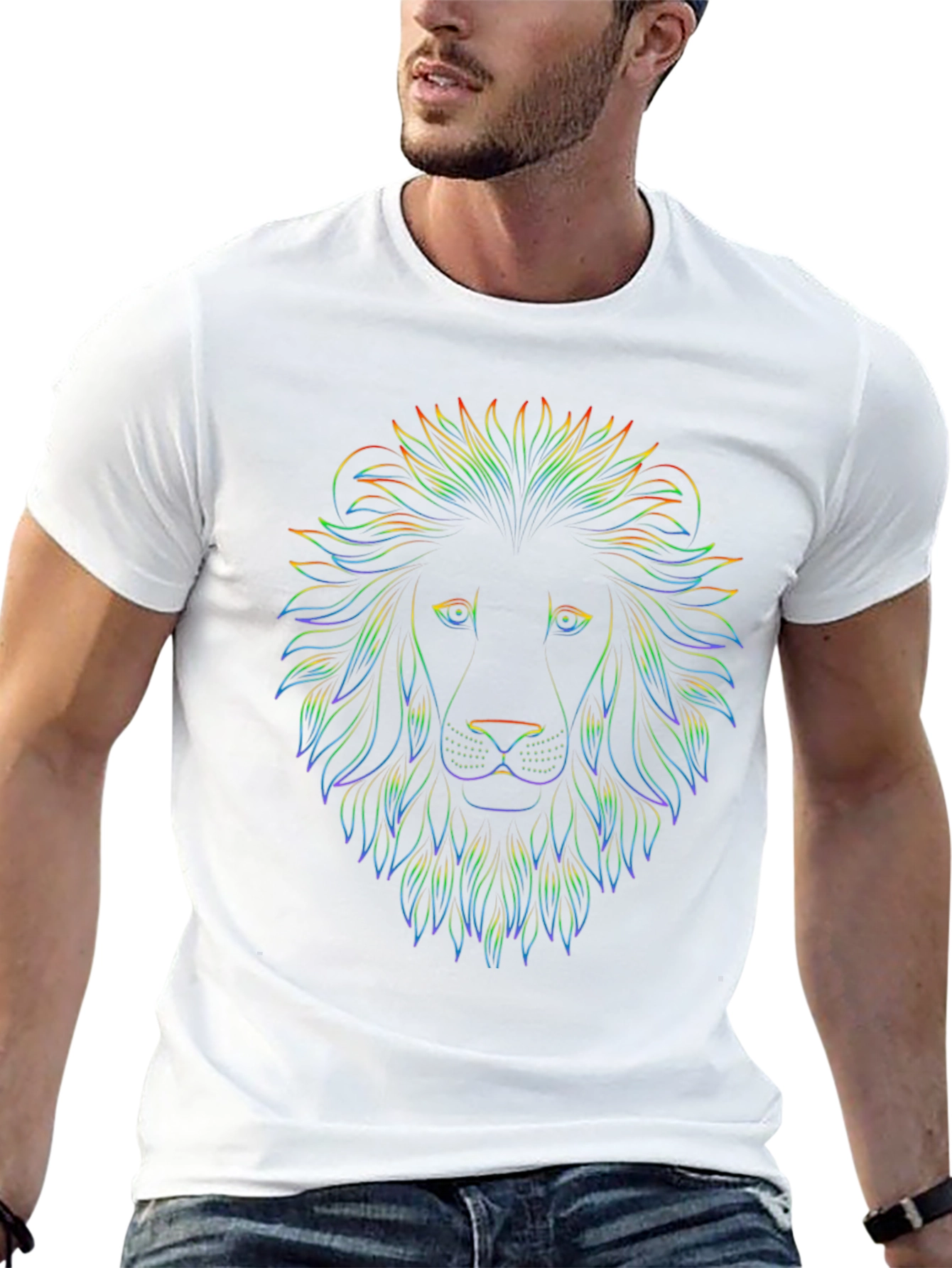 Rainbow Lion Head Graphic Print Black T-Shirt