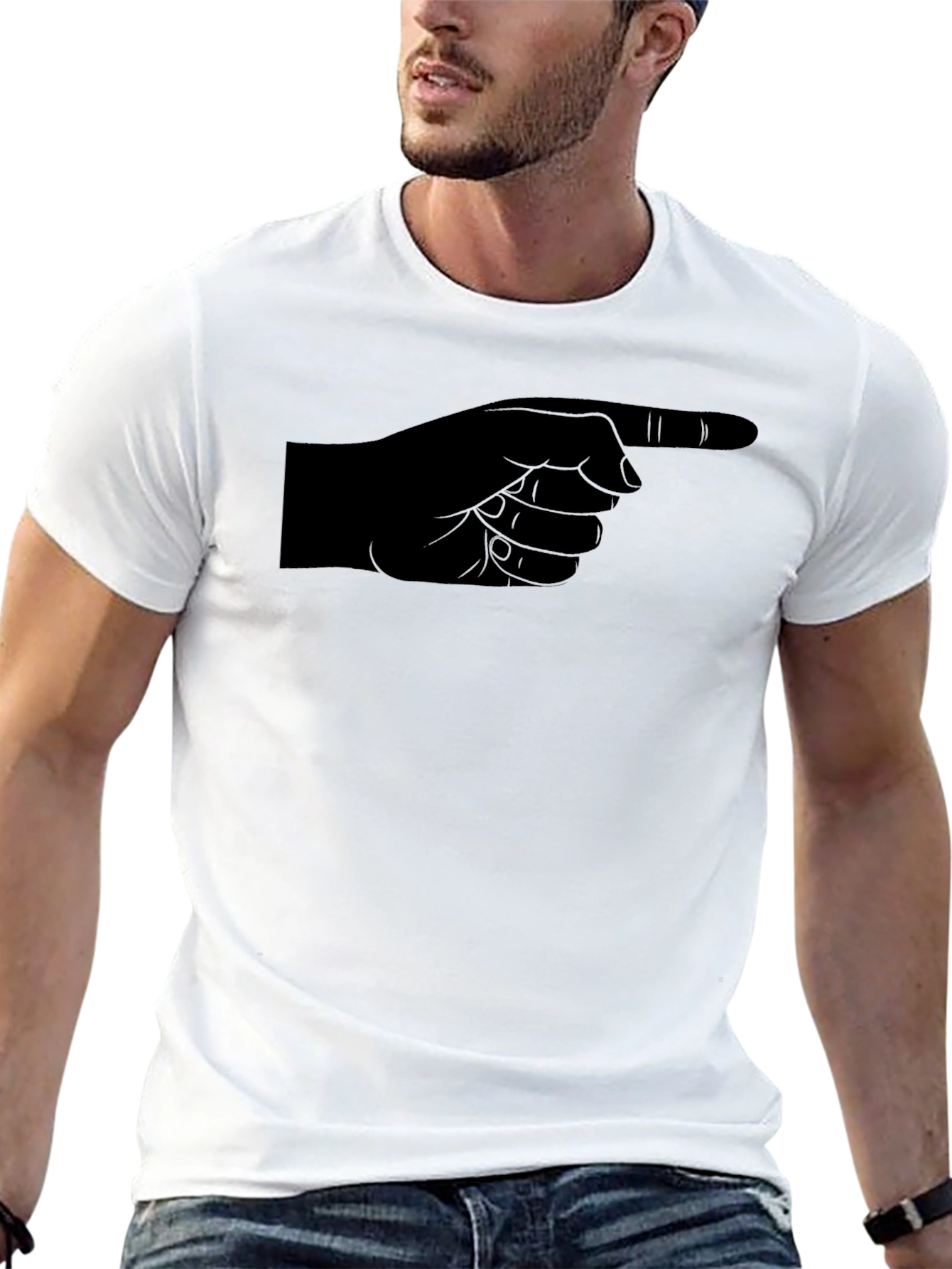 Pointing Finger Graphic Tee - Black Cotton Casual Shirt
