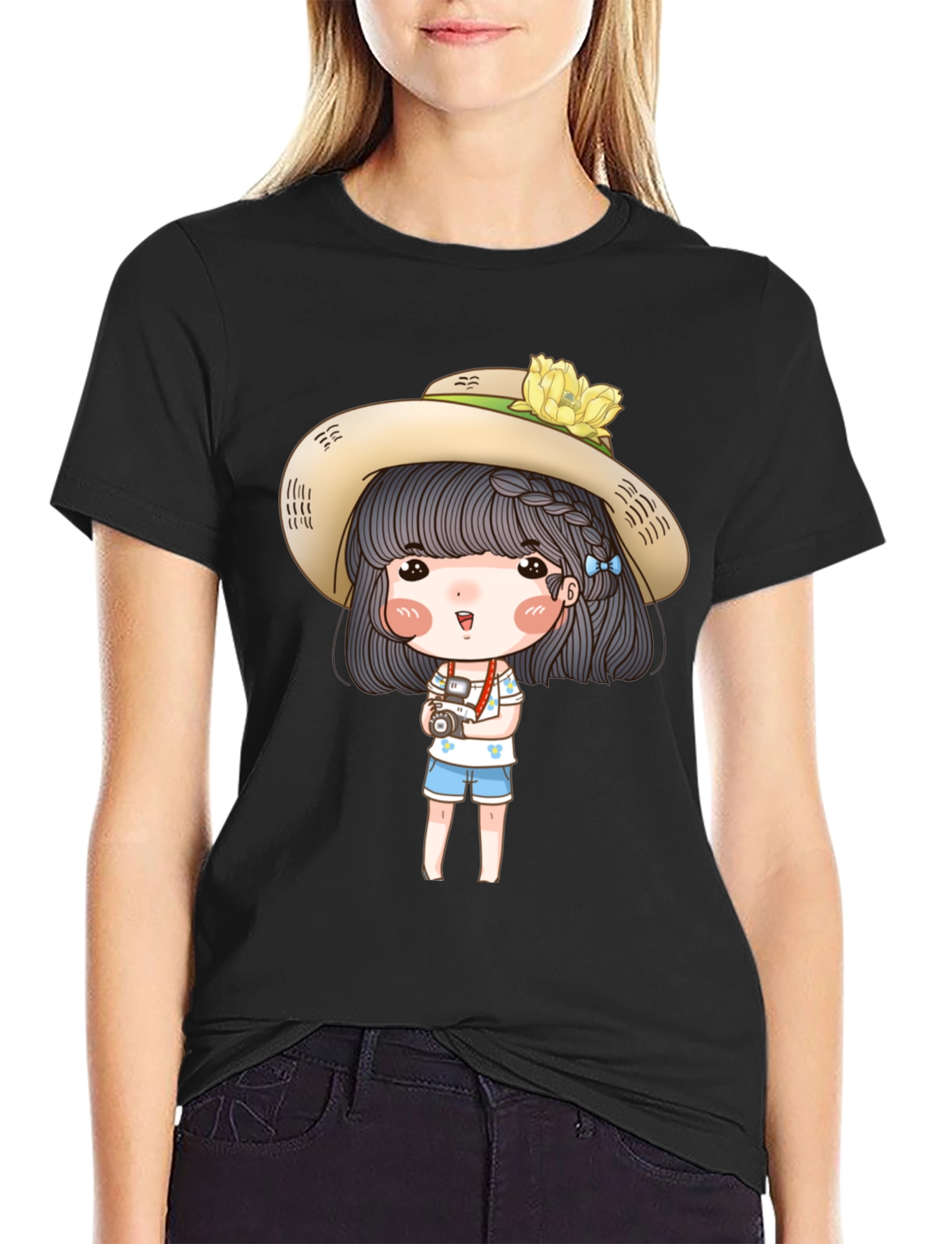 Cartoon Girl with Camera Graphic Tee - Black