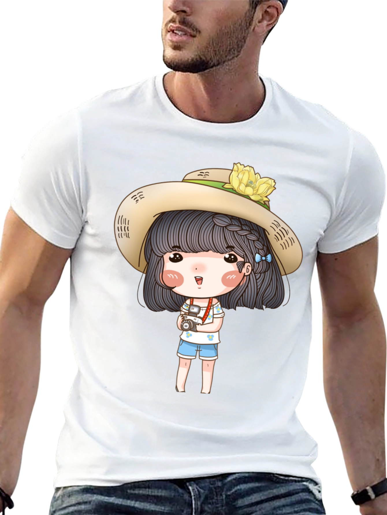 Cartoon Girl with Camera Graphic Tee - Black