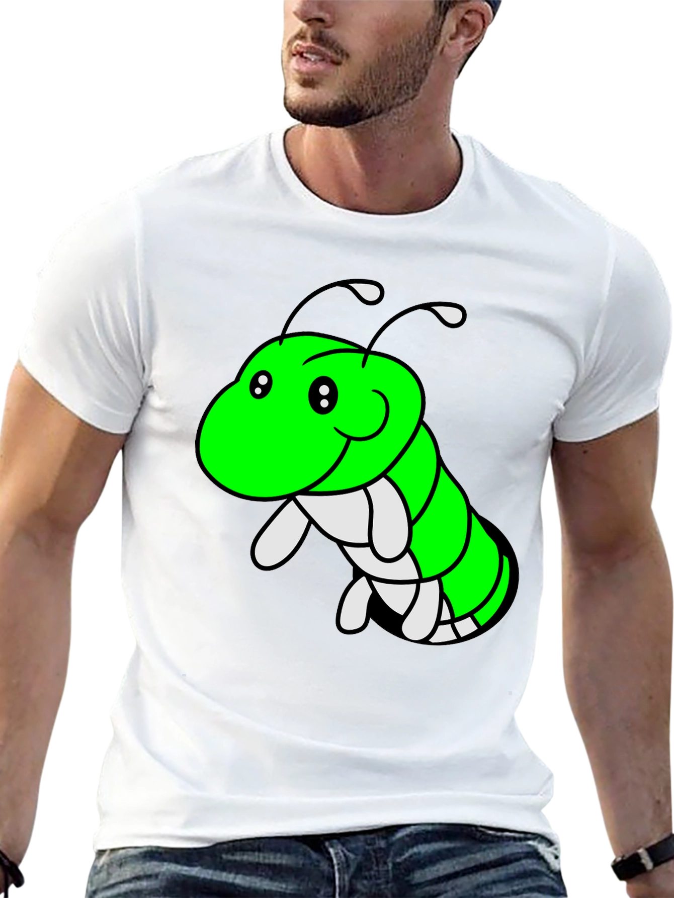 Cartoon Caterpillar Graphic Tee - Black Cotton T-Shirt